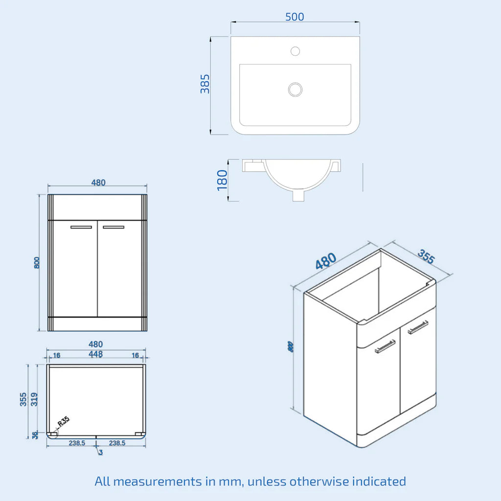 Afern 500mm Freestanding Dark Grey Vanity & 350mm Wall Hung Cabinet
