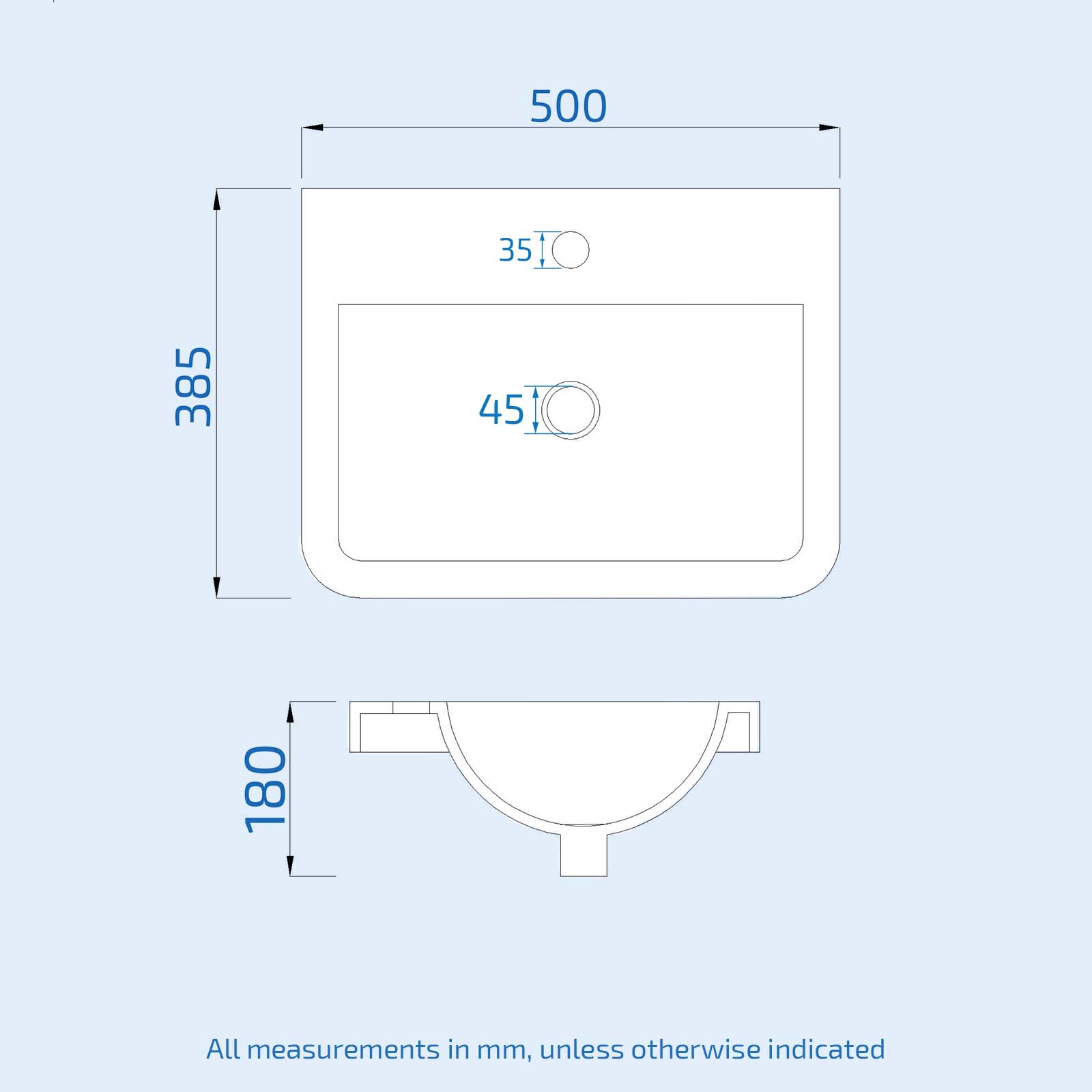 Afern 500mm Replacement White Ceramic Mid-Edge Basin comes with Single Tap Hole and Overflow