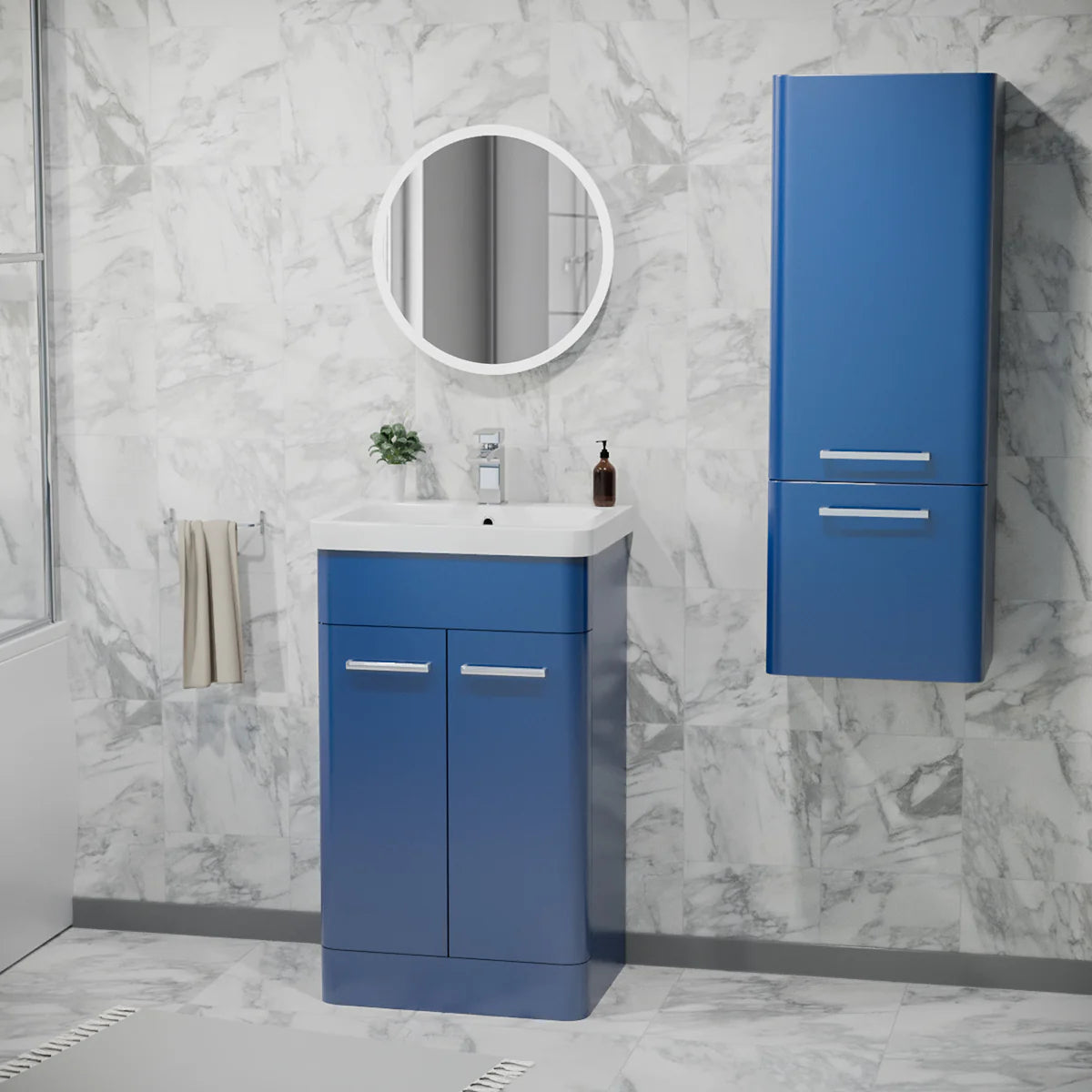 Afern 600mm Freestanding Matte Blue Basin Vanity & 350mm Wall Hung Cabinet