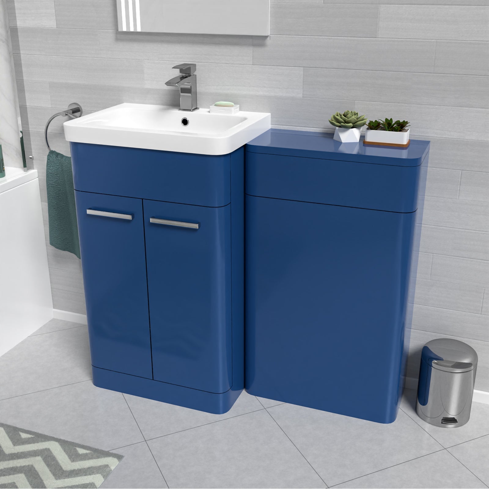 Afern Matt Blue 1000mm Freestanding Cabinet & Ceramic Basin & WC Unit