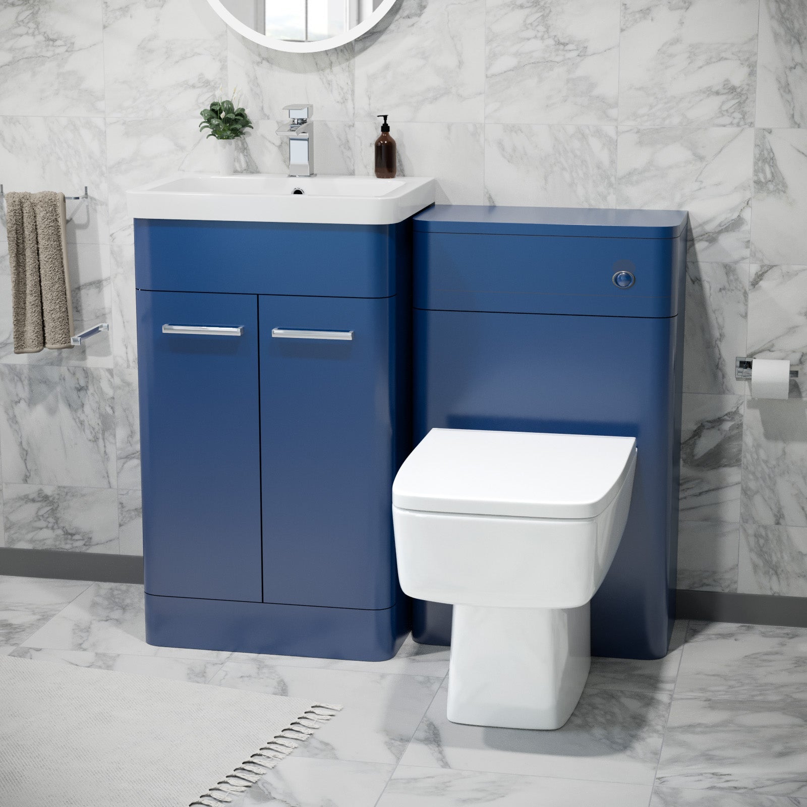 Afern 500mm Freestanding Vanity Unit with Basin, Back to Wall toilet, WC unit Royal Blue