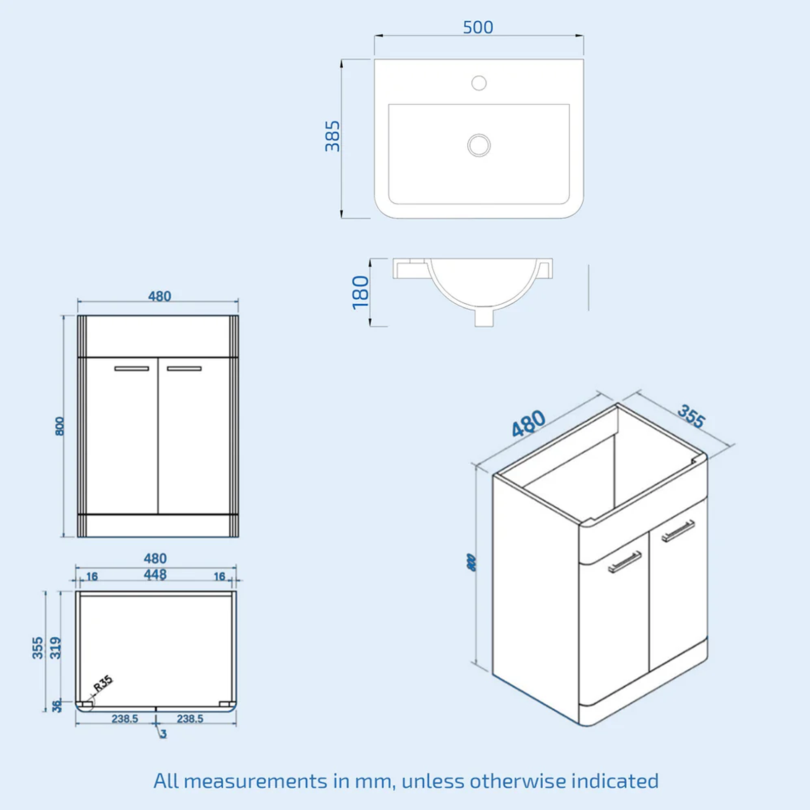 Afern 500mm Freestanding Vanity Unit with Basin,Back to Toilet, WC unit Royal Blue