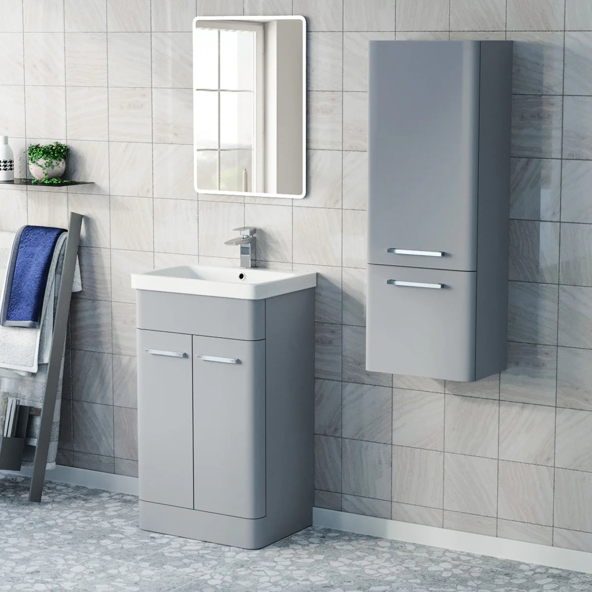 Afern 500mm Freestanding Matte Grey Vanity & 350mm Wall Hung Cabinet