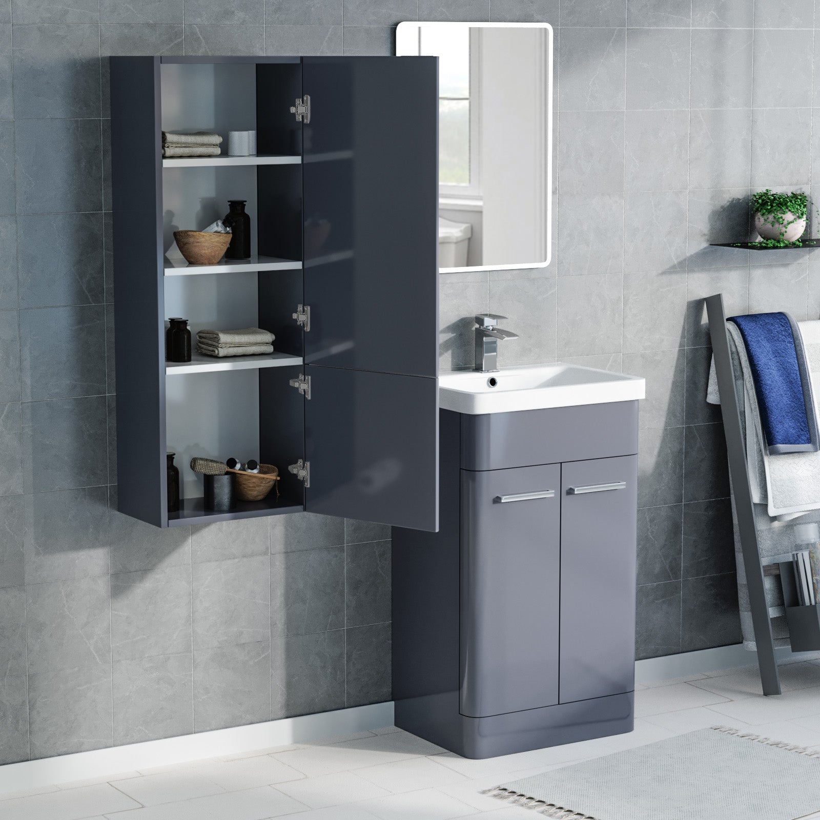 Afern 500mm Freestanding Grey Basin Vanity & 350mm Wall Hung Tall Cabinet Set