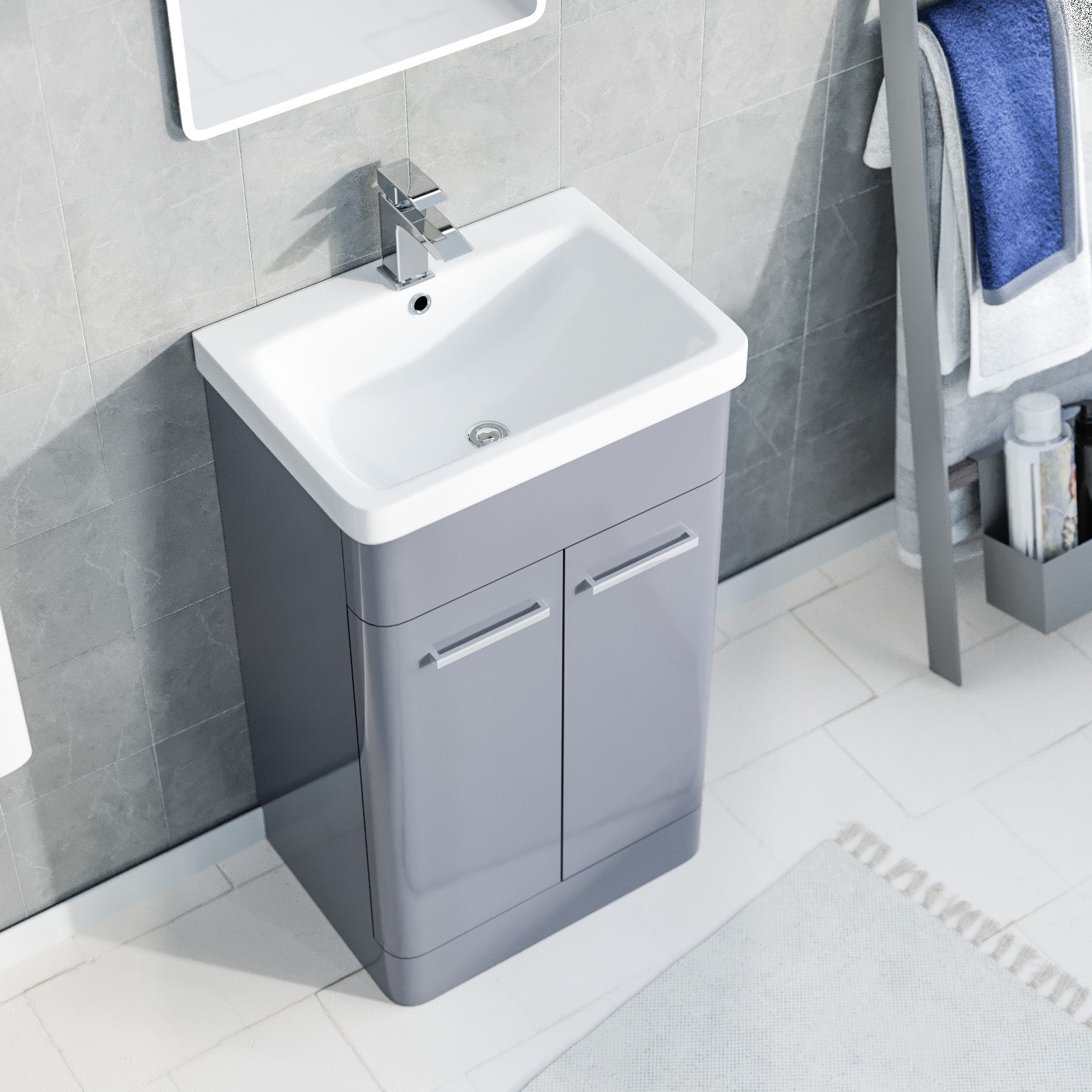 Afern 500mm Freestanding Grey Basin Vanity & 350mm Wall Hung Tall Cabinet Set
