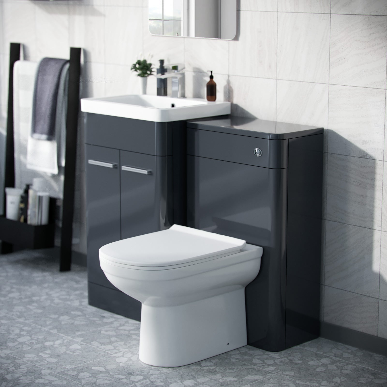 Afern Anthracite 500mm Vanity Basin Unit, WC Unit & Elso Back to Wall Toilet