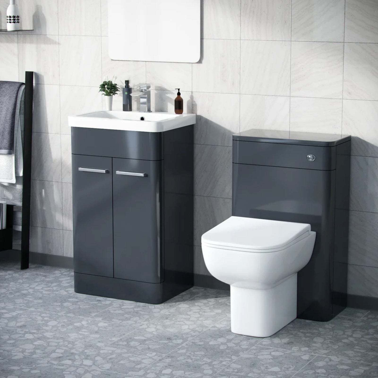 Afern Anthracite 500mm Basin Vanity WC Unit & Rimless Back to Wall Toilet