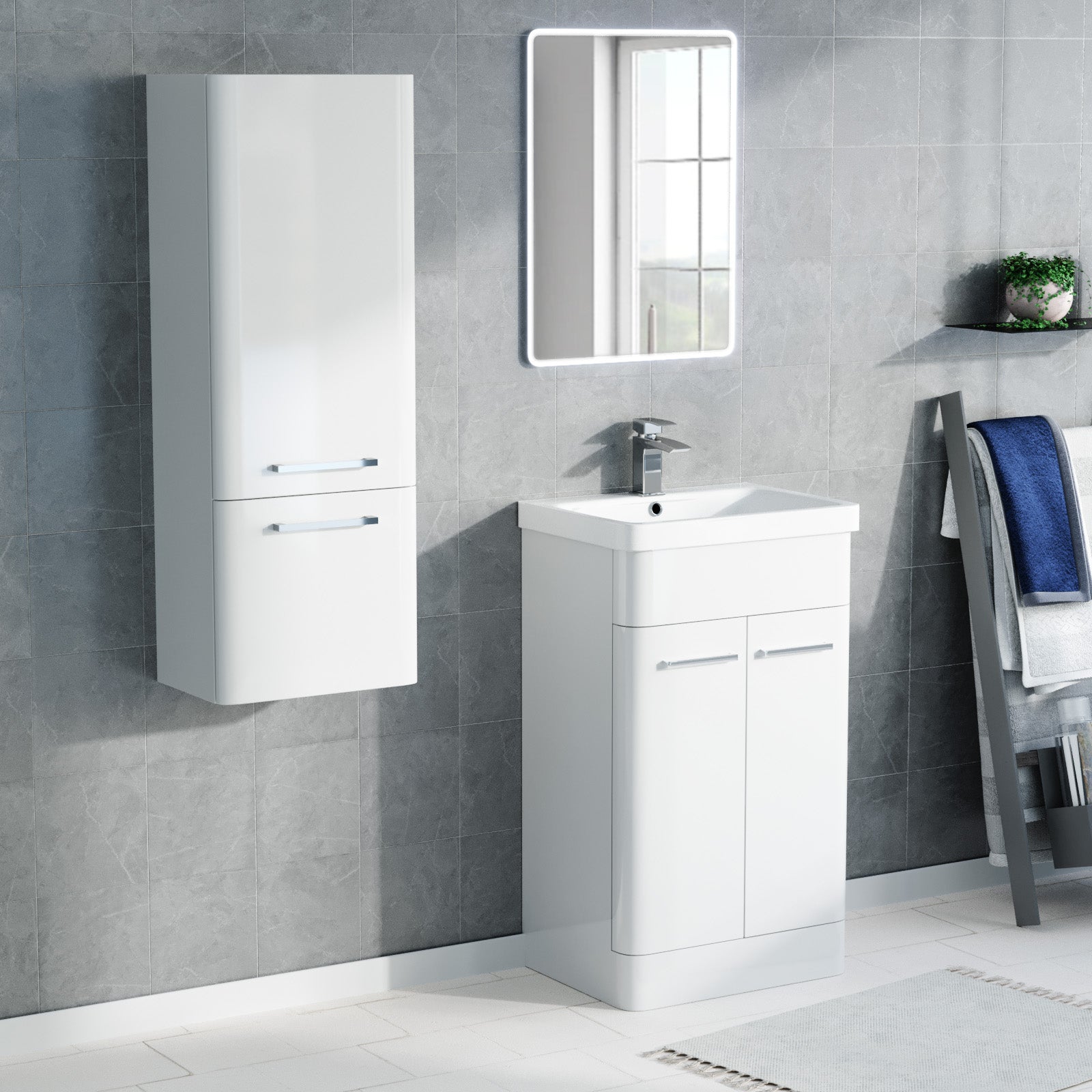Afern 500mm Freestanding White Basin Vanity & 350mm Wall Hung Tall Cabinet