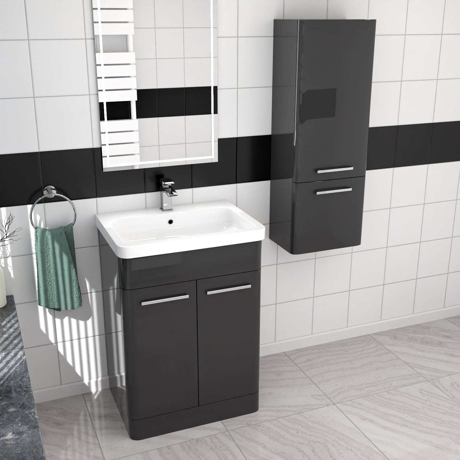 Afern 600mm Freestanding Dark Grey Basin Vanity & 350mm Wall Hung Cabinet