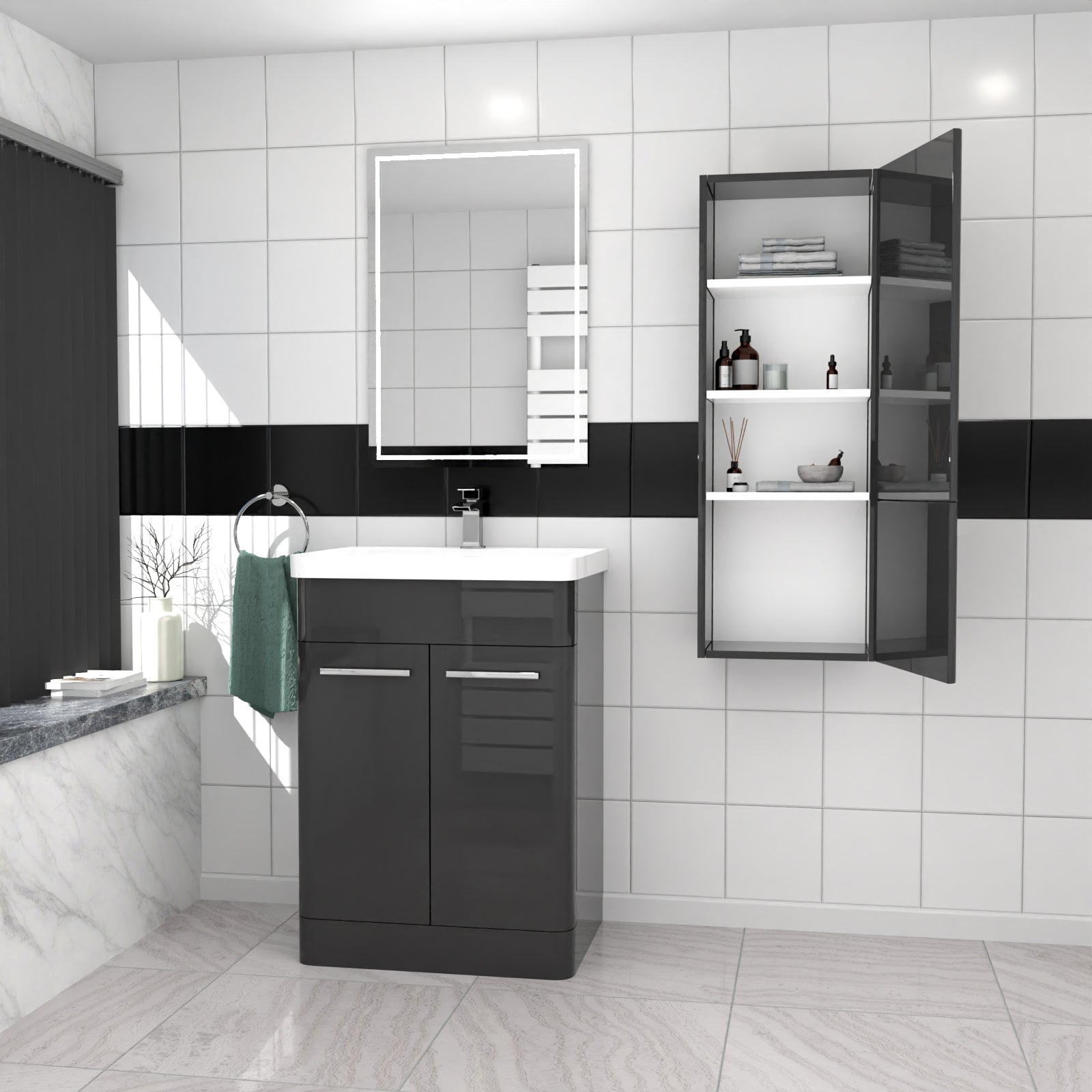 Afern 600mm Freestanding Dark Grey Basin Vanity & 350mm Wall Hung Cabinet