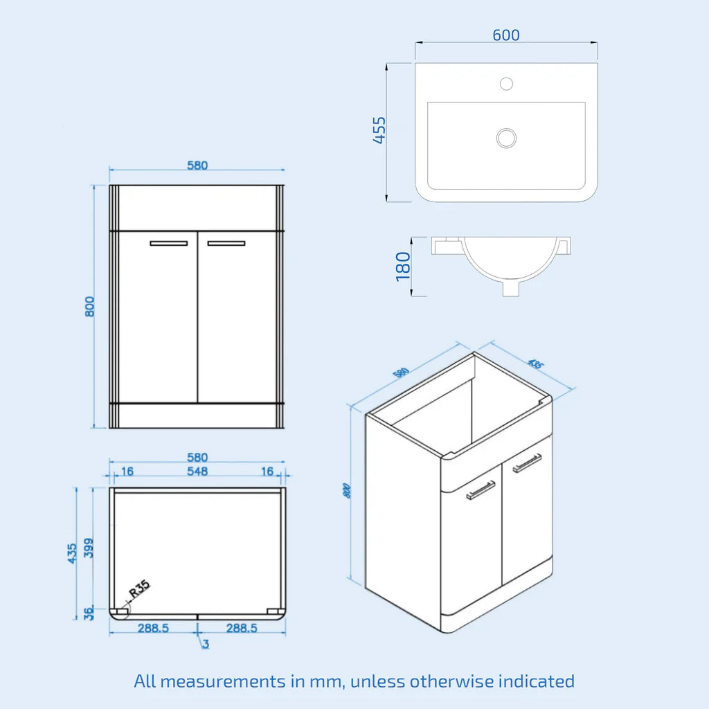 Afern 600mm Freestanding Dark Grey Vanity & 350mm Wall Hung Cabinet