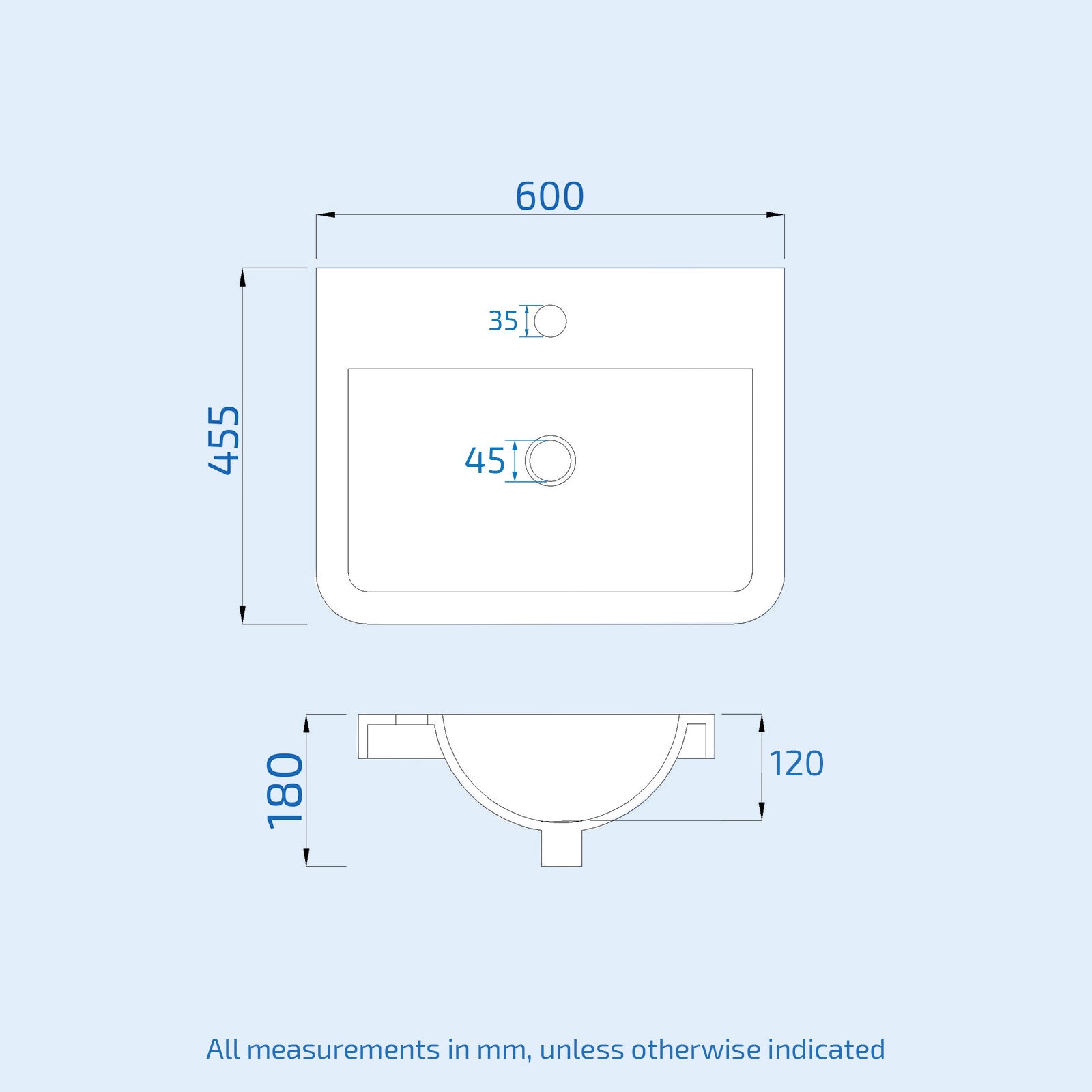 Afern 600mm White Ceramic Mid-Edge Basin, Single Tap Hole and Overflow