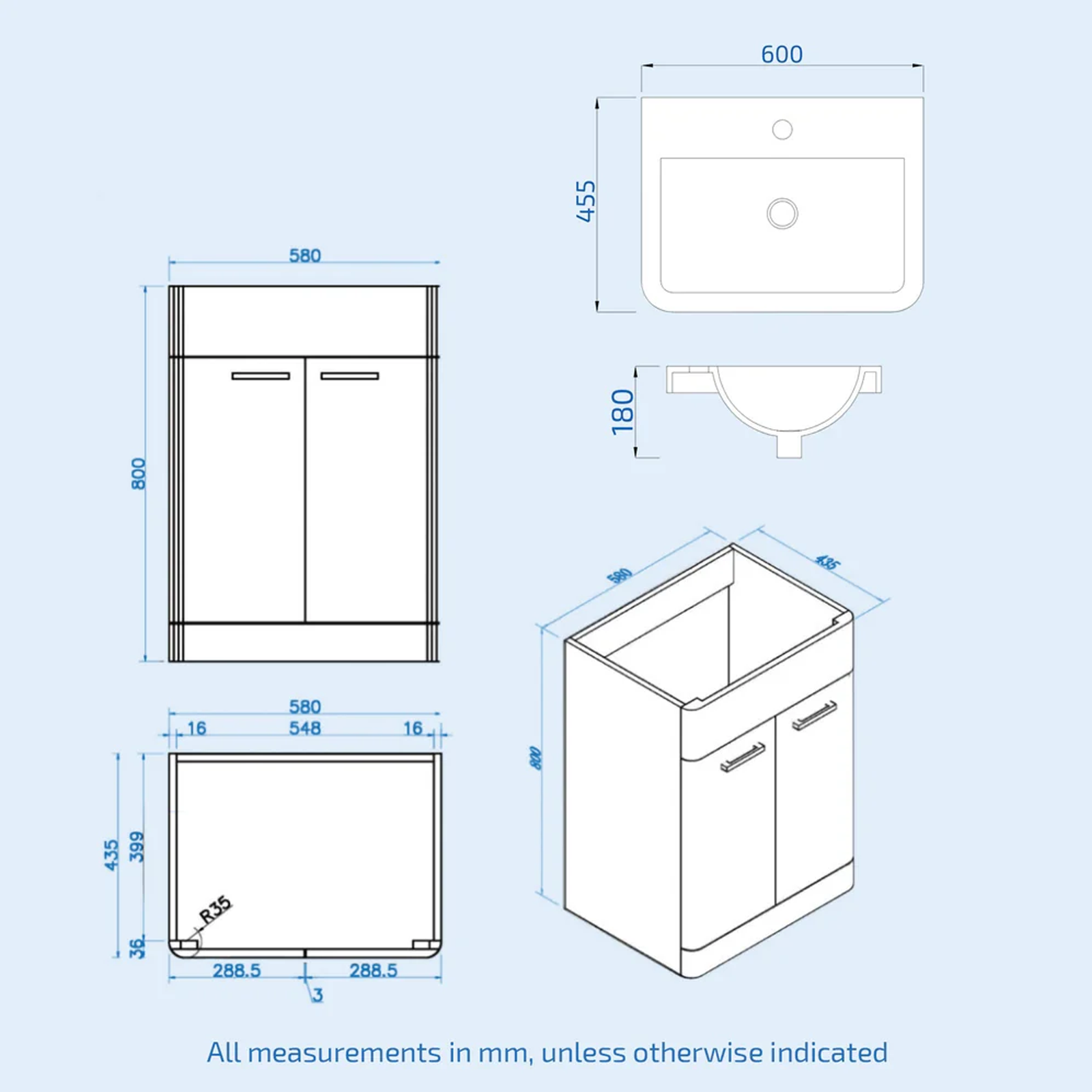 Afern 600mm Freestanding Vanity Unit with Basin, Toilet, WC unit Royal Blue