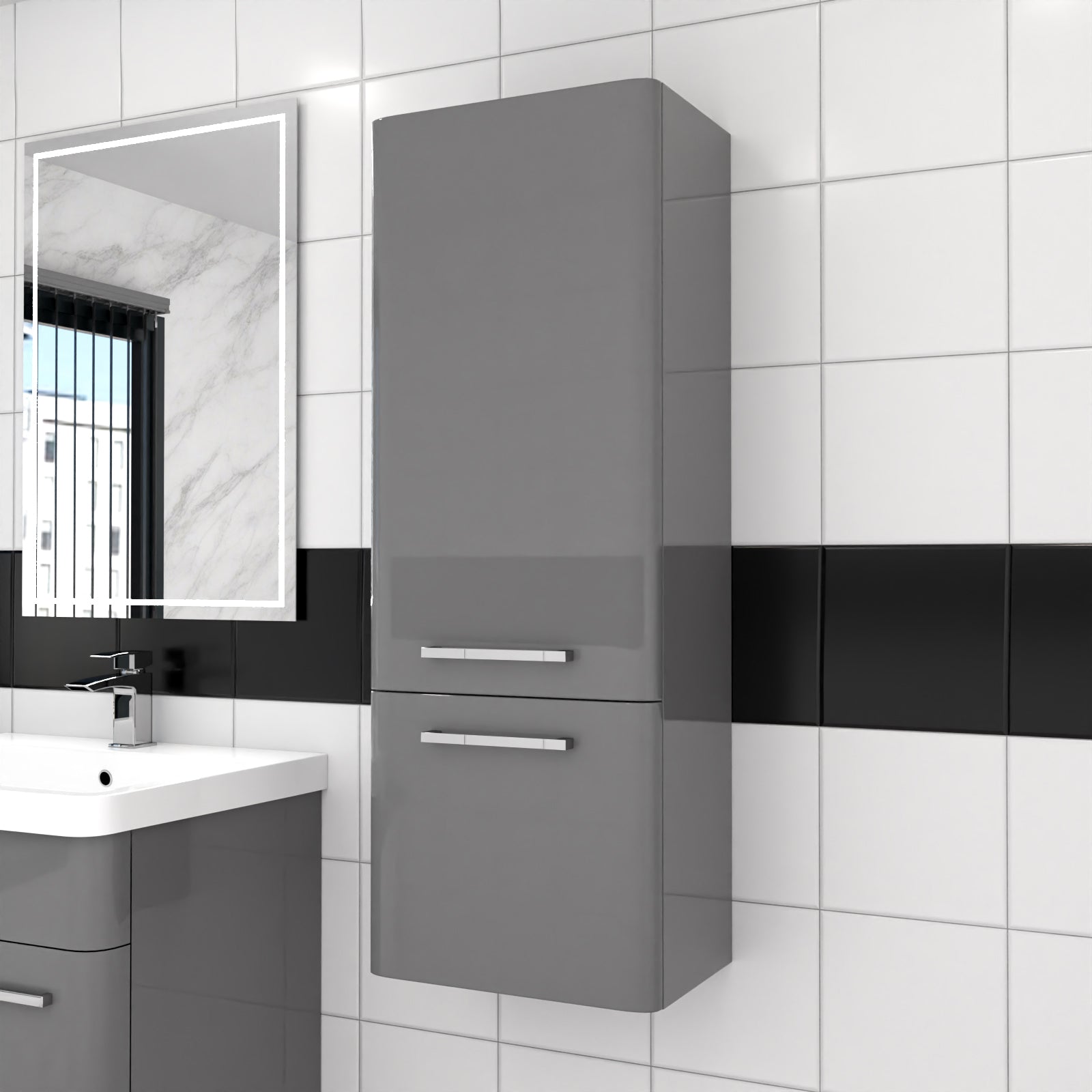 Afern 600mm Freestanding Grey Basin Vanity & 350mm Wall Hung Tall Cabinet Set