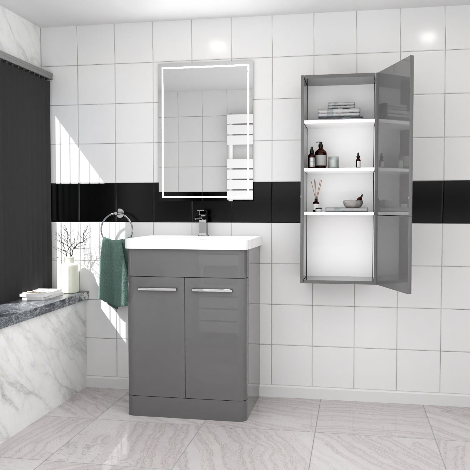 Afern 600mm Freestanding Grey Basin Vanity & 350mm Wall Hung Tall Cabinet Set