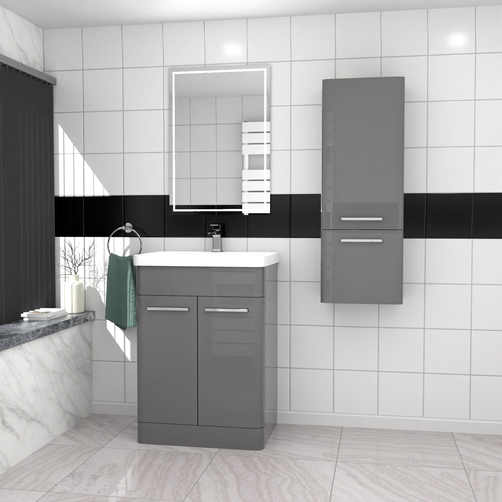 Afern 600mm Freestanding Grey Basin Vanity & 350mm Wall Hung Tall Cabinet Set