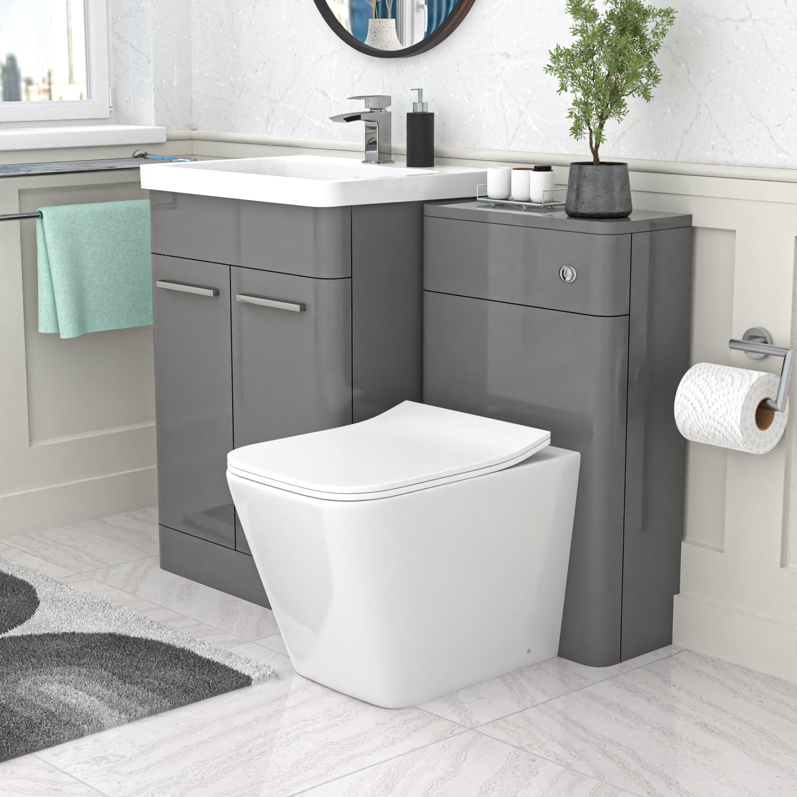Afern Grey 1100mm Freestanding Basin Cabinet, WC Unit and Square BTW Toilet