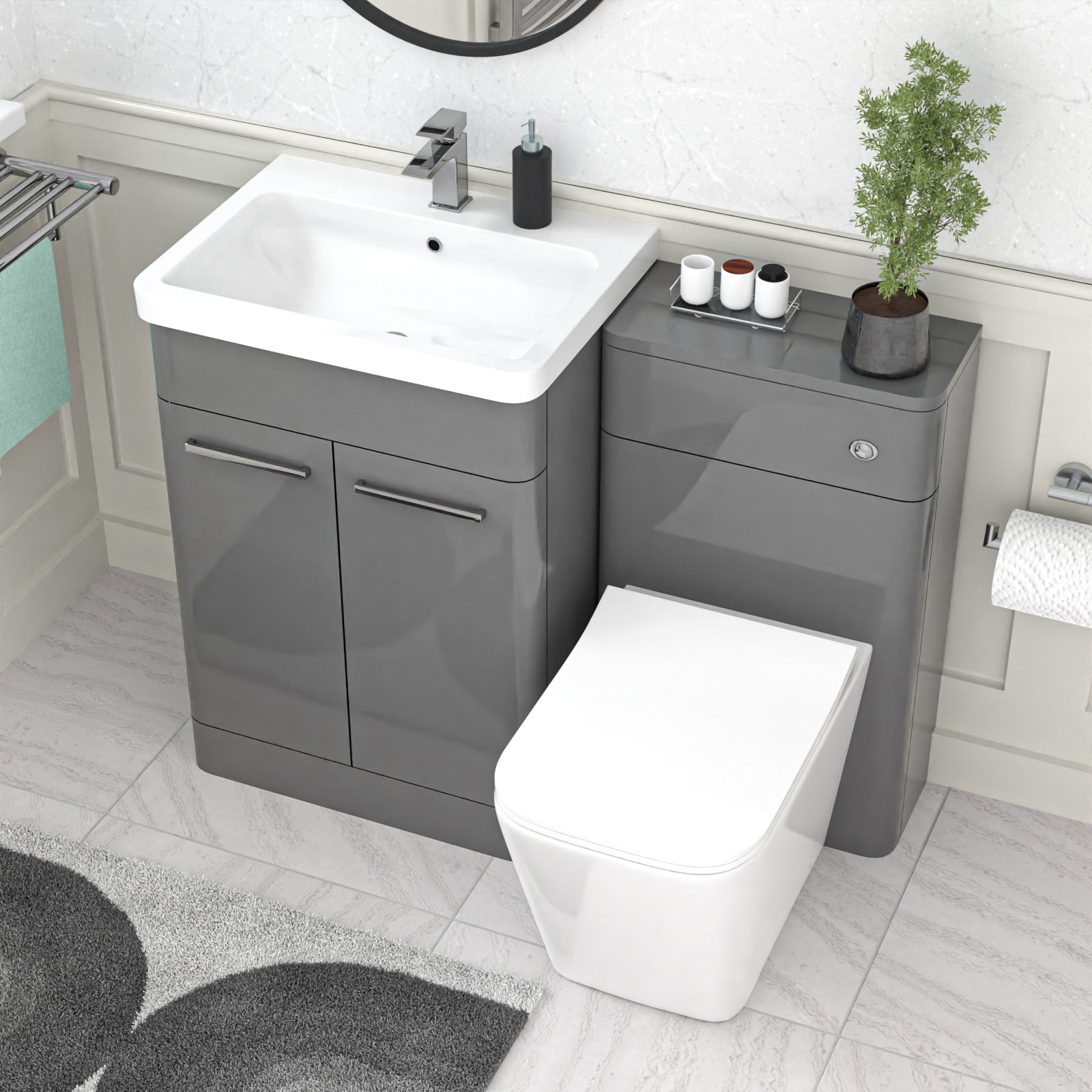 Afern Grey 1100mm Freestanding Basin Cabinet, WC Unit and Square BTW Toilet