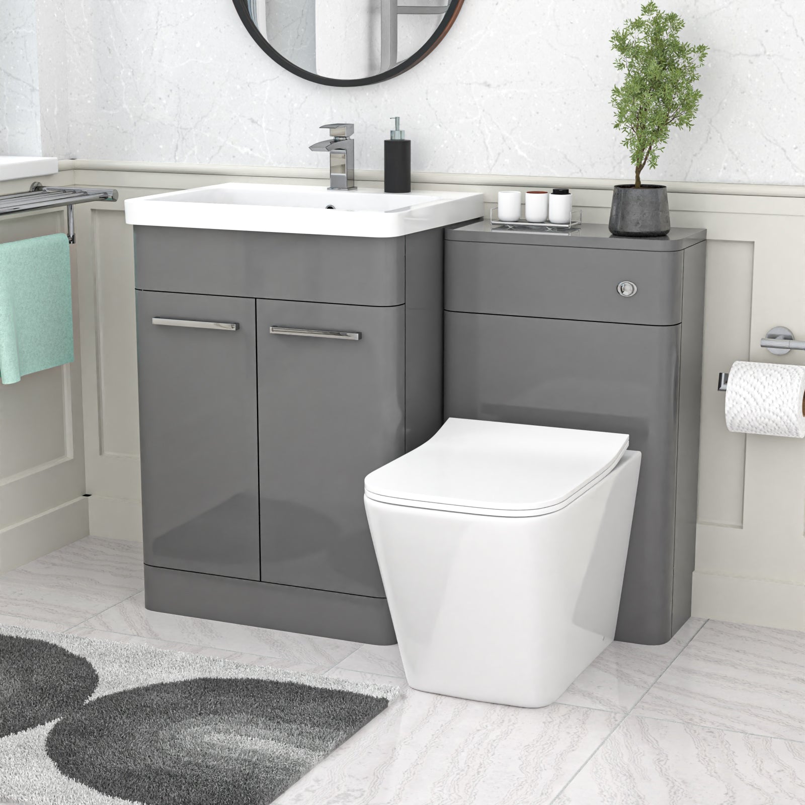 Afern Grey 1100mm Freestanding Basin Cabinet, WC Unit and Square BTW Toilet