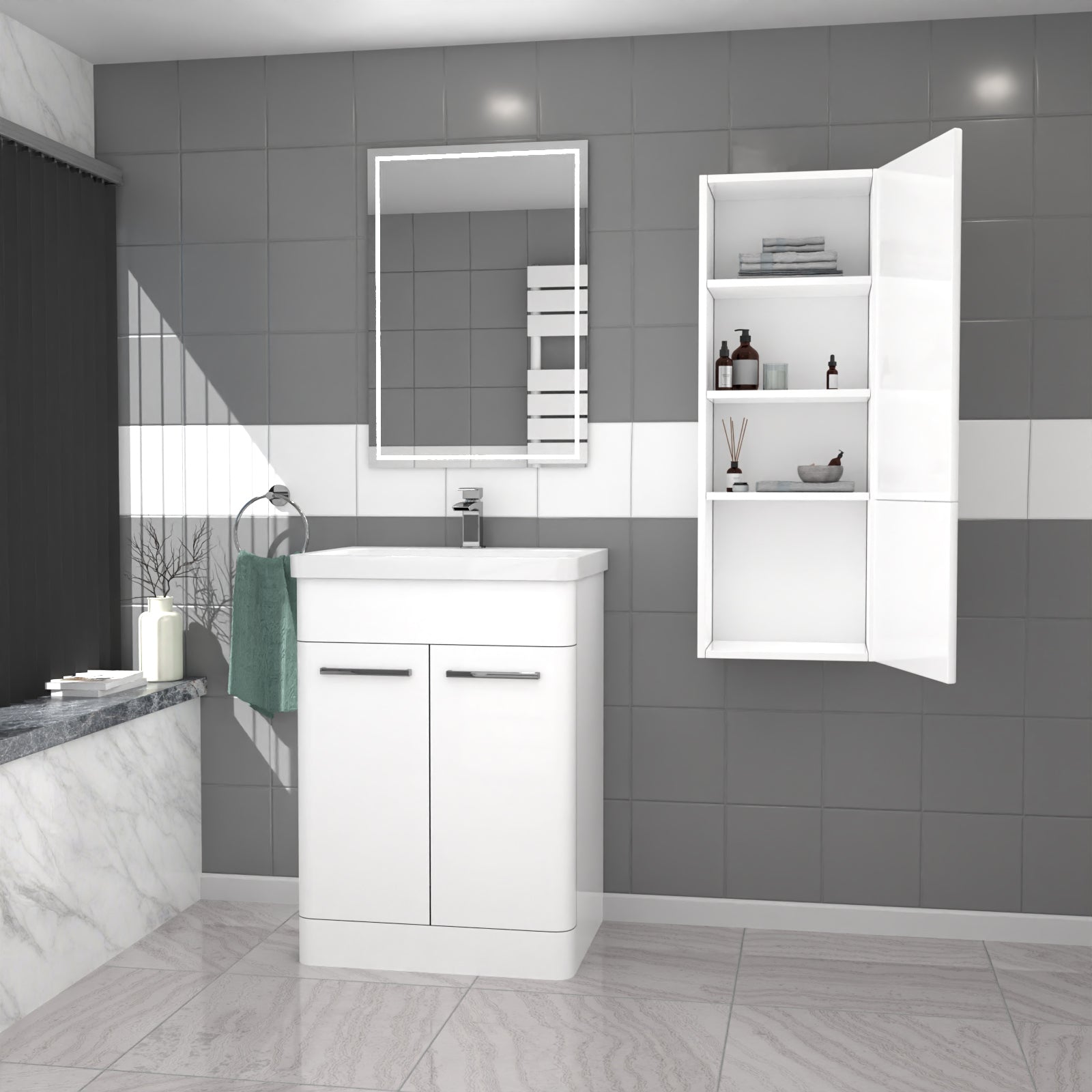 Afern 600mm Freestanding White Basin Vanity & 350mm Wall Hung Cabinet