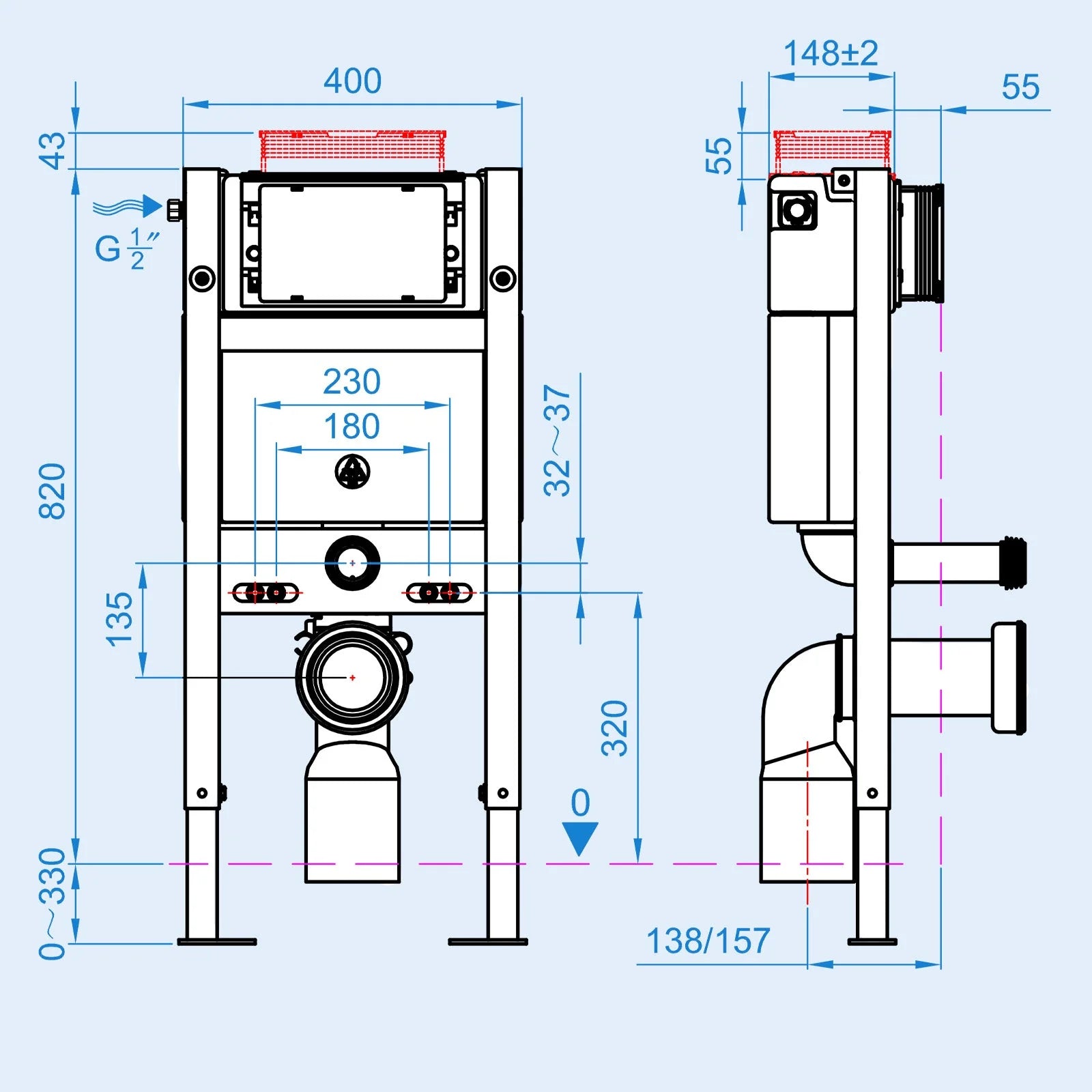 Top or Front Wall Hung 820H x 400W mm Toilet Frame and Dual Flush Buttons Choice