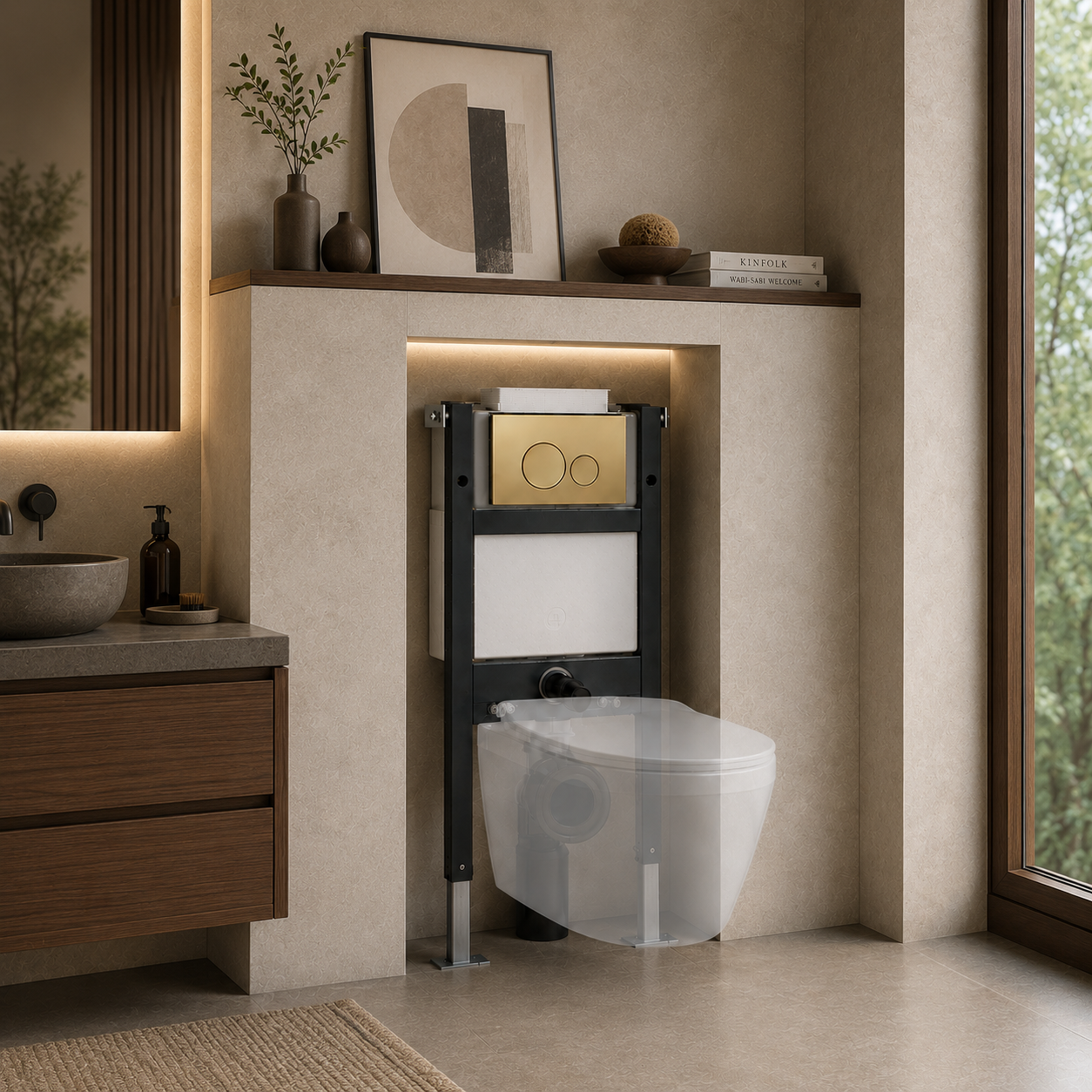 Conceal Cistern with Plate # Flush Plate_Brushed Brass Round Buttons