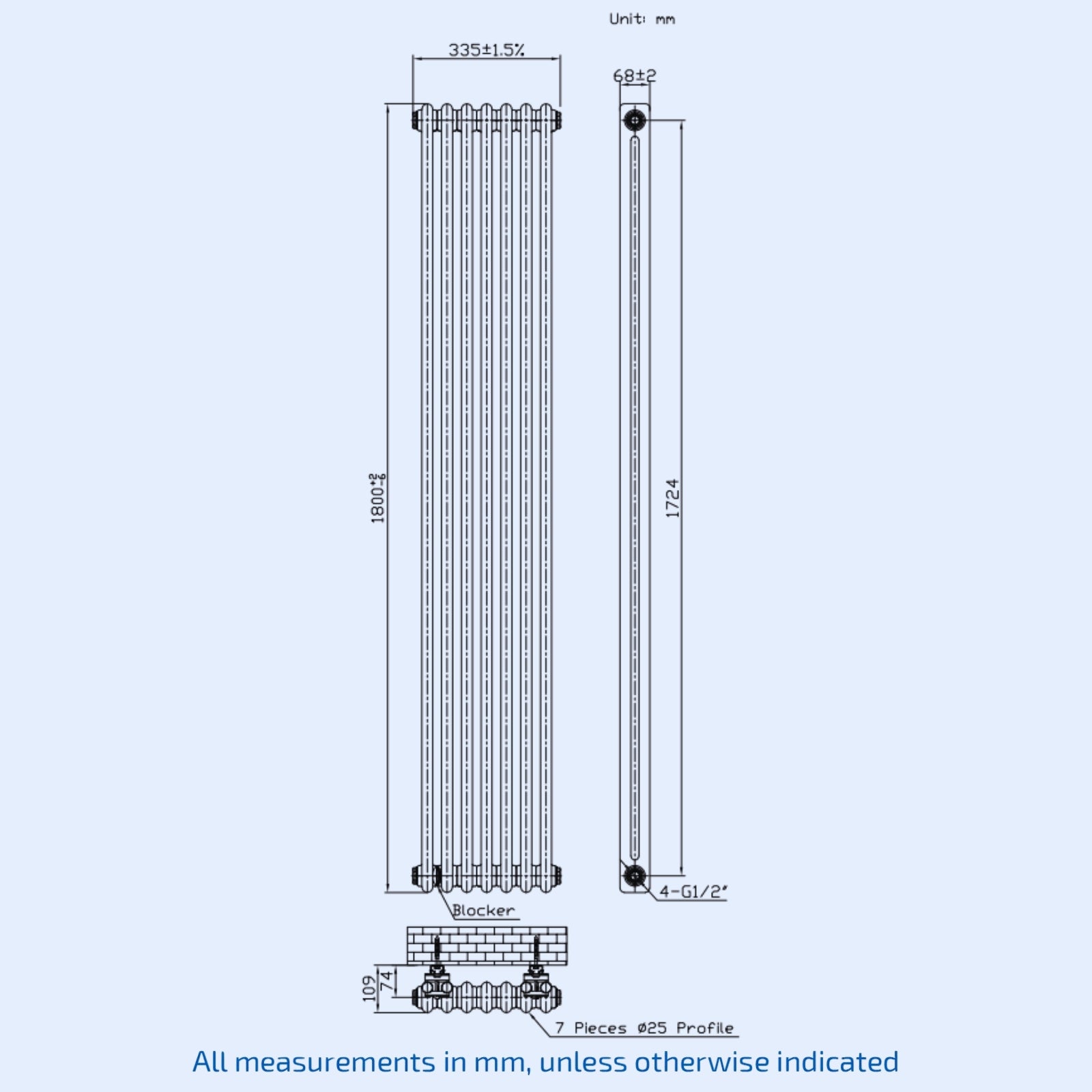 Kartell Laser Klassic 1800mm H x 335mm W Textured Grey Vertical 2 Column 7 Section Designer Radiator - ALCL218007-N