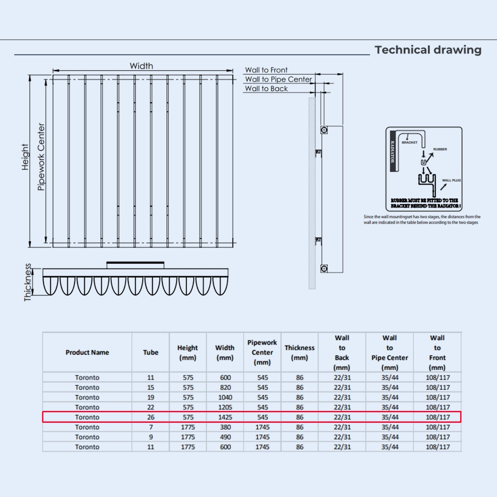 Kartell TORONTO 575mm H x 1425mm W White Horizontal Aluminium Radiator - ALRAD-1-626-WT