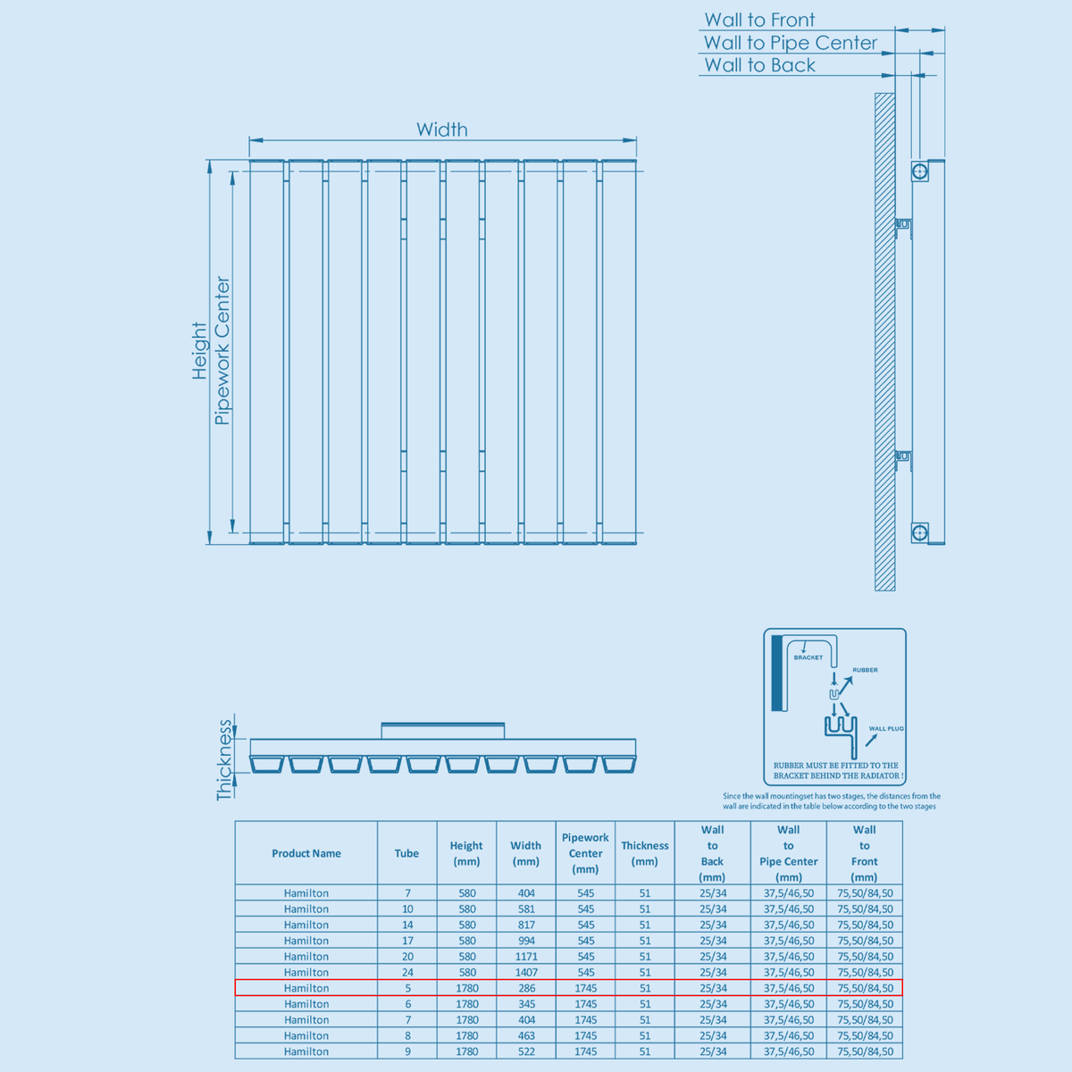 Kartell HAMILTON 1780mm H x 286mm W Grey Vertical Single Aluminium Radiator - ALRAD-12-1805-GY