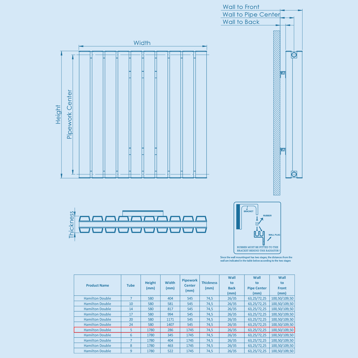 Kartell HAMILTON 1780mm H x 286mm W Grey Vertical Double Aluminium Radiator - ALRAD-13-1805-GY
