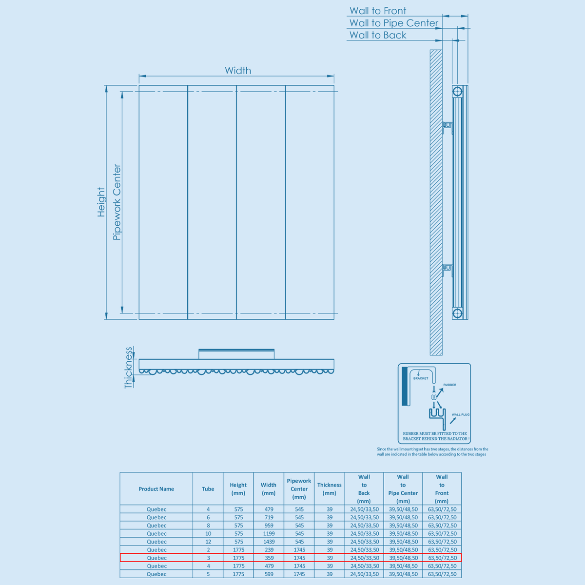 Kartell QUEBEC 1775mm H x 359mm W Grey Vertical Single Aluminium Radiator - ALRAD-5-1803-GY