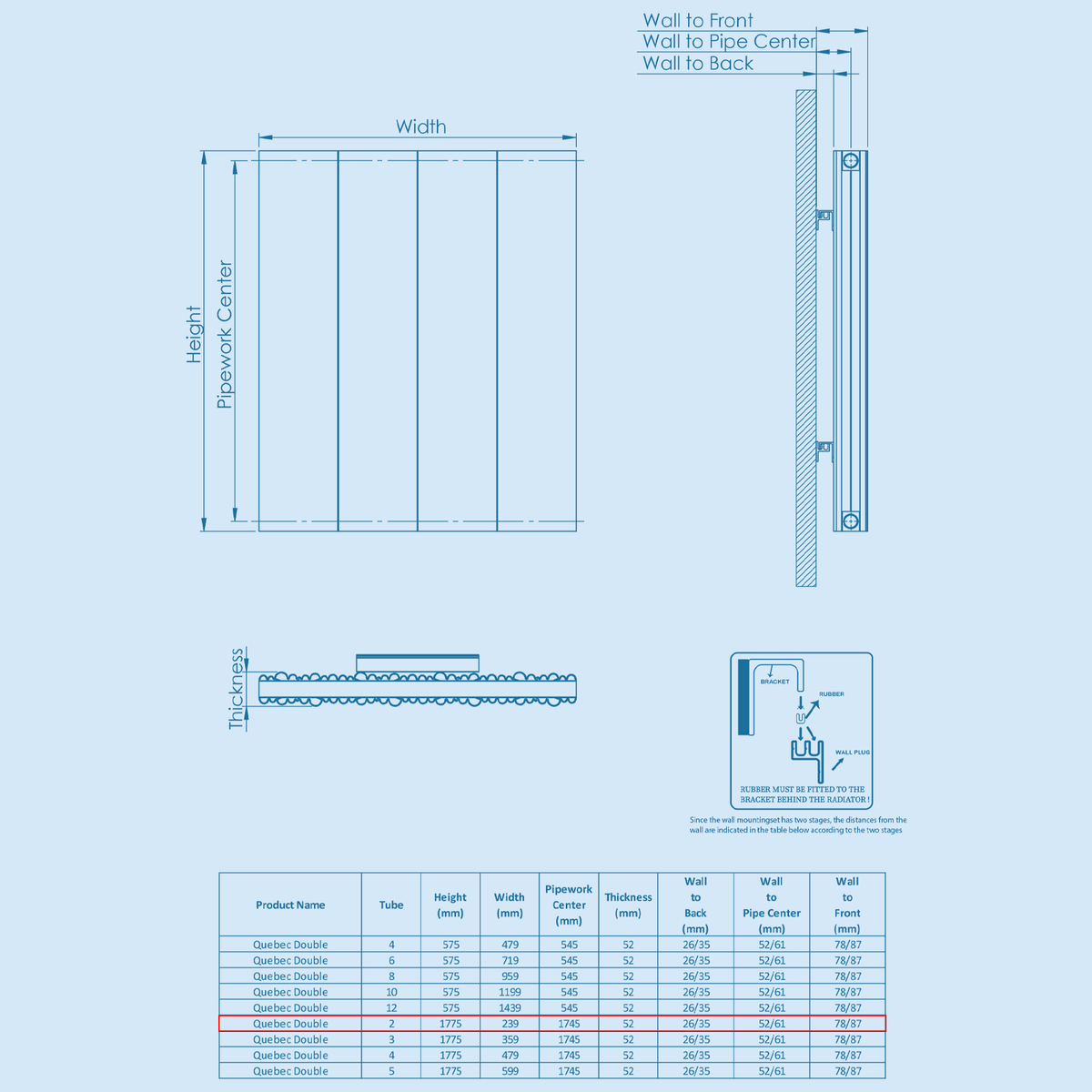 Kartell QUEBEC 1775mm H x 239mm W Grey Vertical Double Aluminium Radiator - ALRAD-6-1802-GY