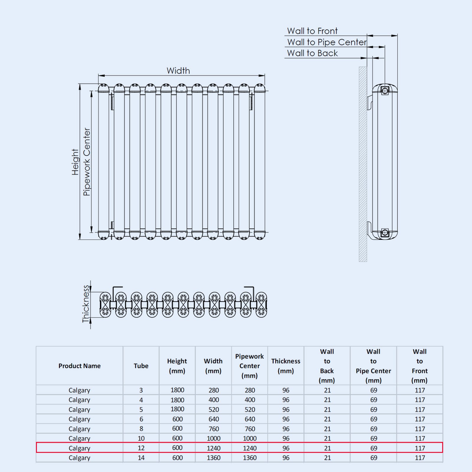 Kartell CALGARY 600mm H x 1240mm W Grey Horizontal Aluminium Radiator - ALRAD-7-621-GY