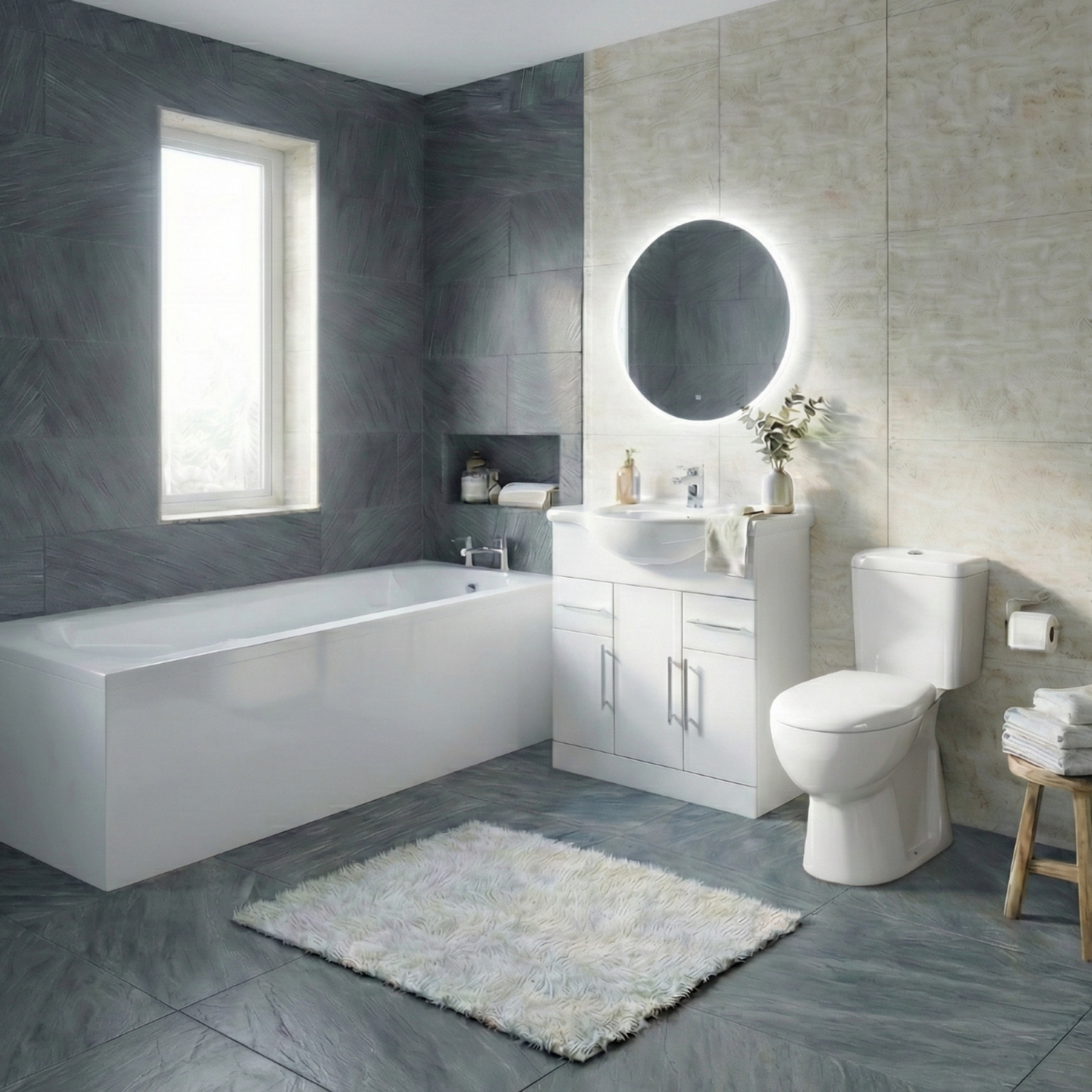 Modern White Bath Suite with Basin Vanity + Close Coupled Toilet