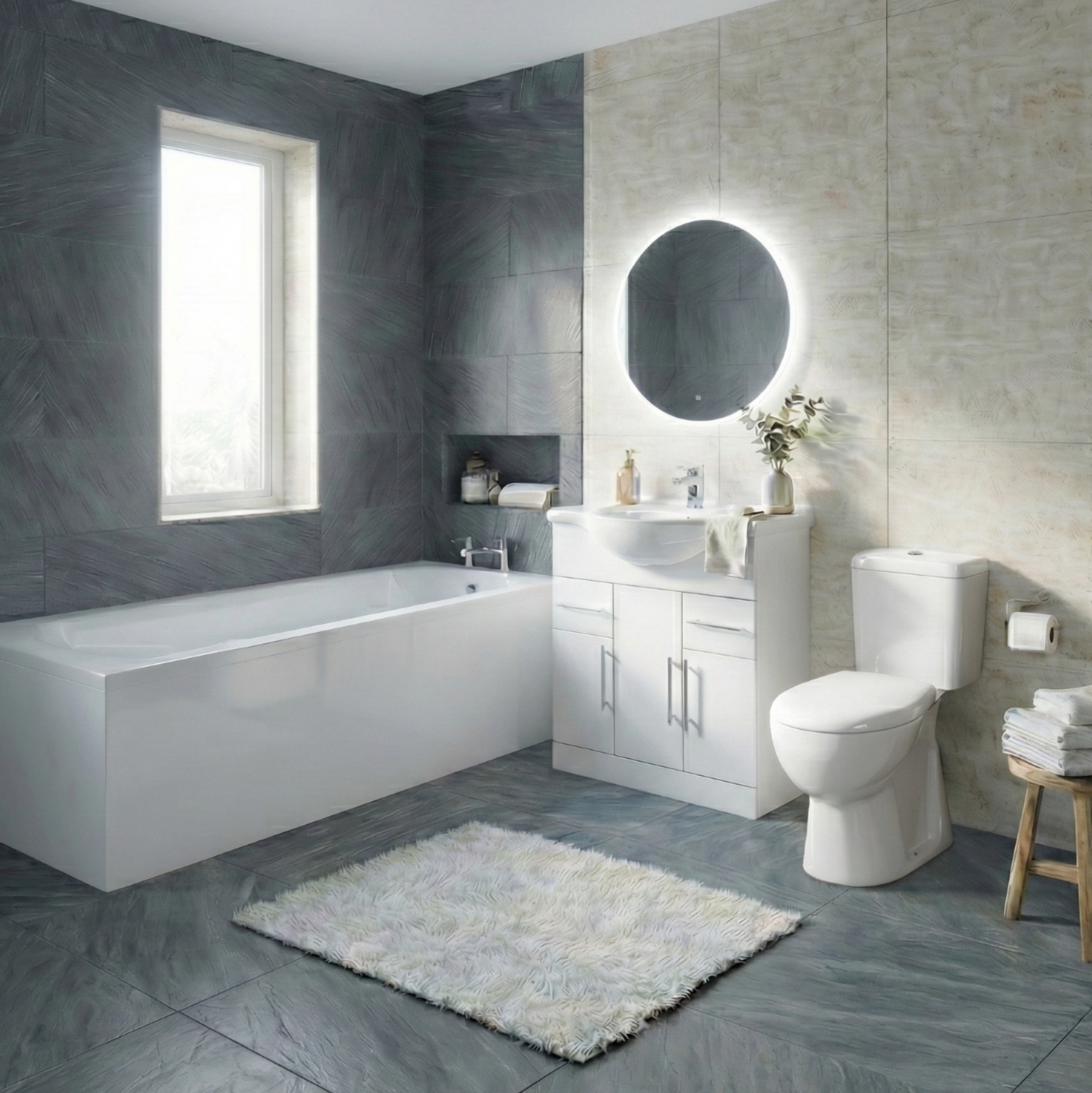 Modern White 3 Piece Bathroom Suite | 1700mm Bath + 800mm Vanity Basin & Close Coupled Toilet | Bathroom Republic