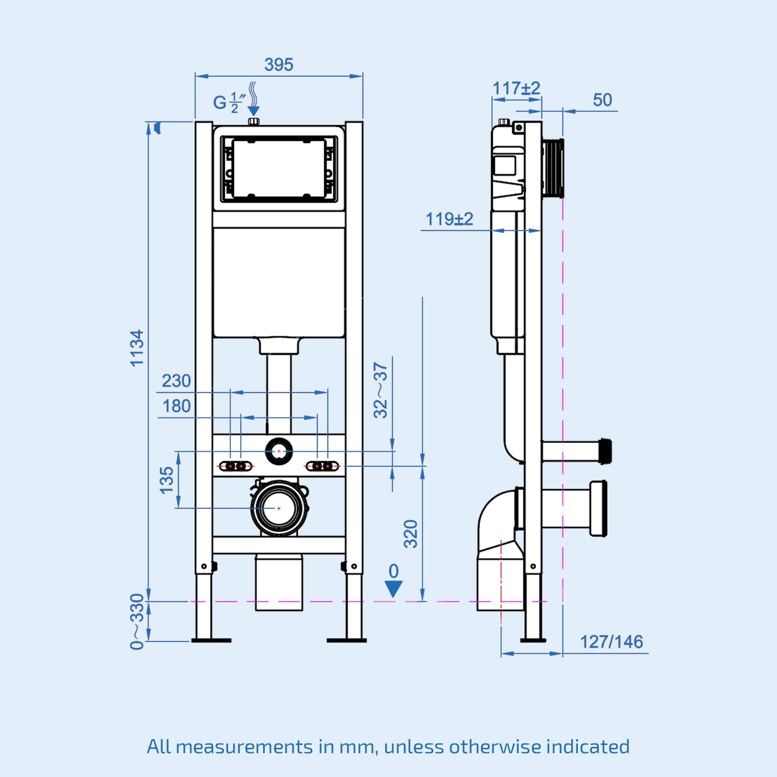 Conceal Cistern with Plate-Dimension