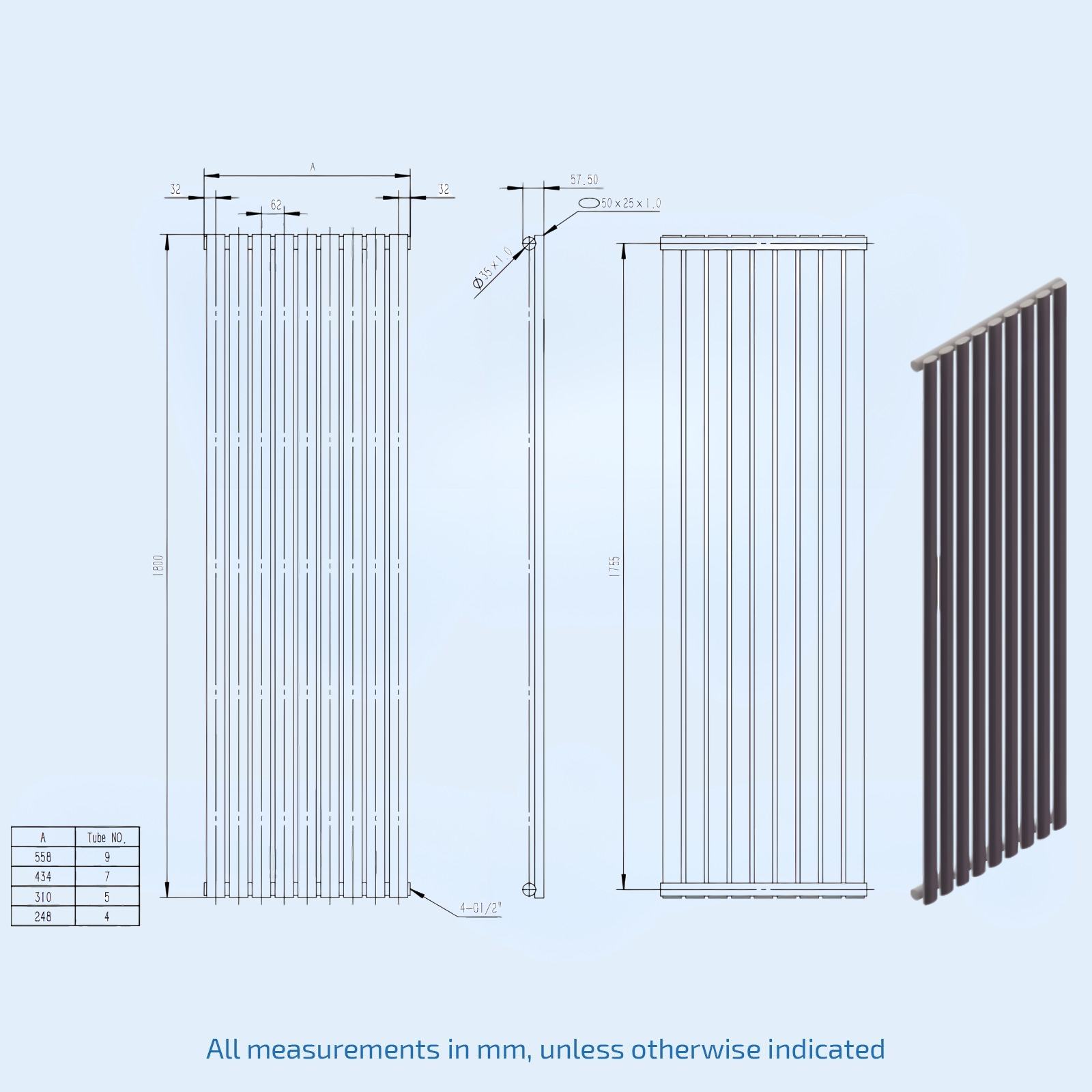 Kartell Aspen Double Designer Anthracite Vertical Radiator 1800mm H x 300mm W - ASP18-31VDA