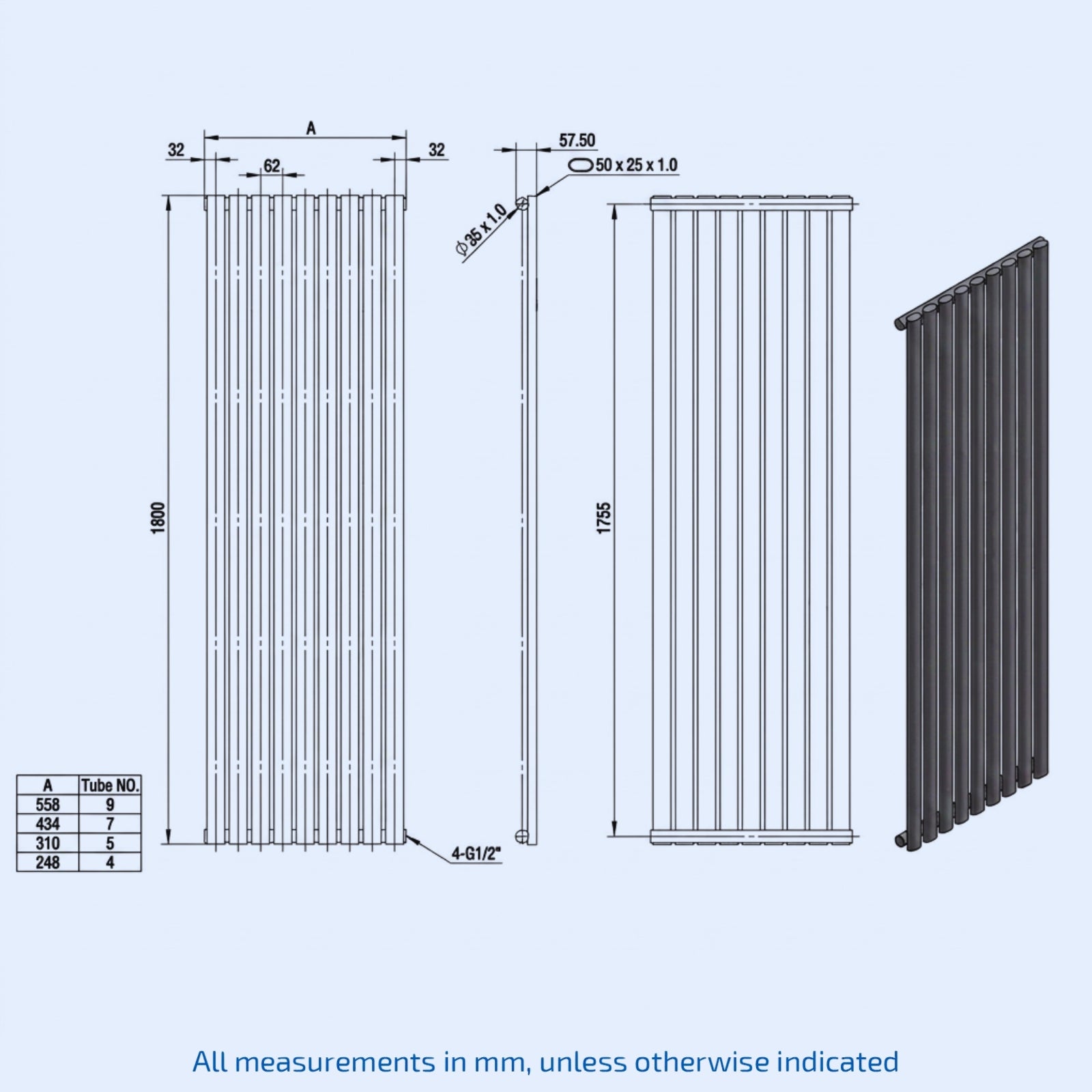 Kartell Aspen Vertical Single 1800mm H x 300mm W Textured Grey Vertical Designer Radiator - ASP18-31VSA