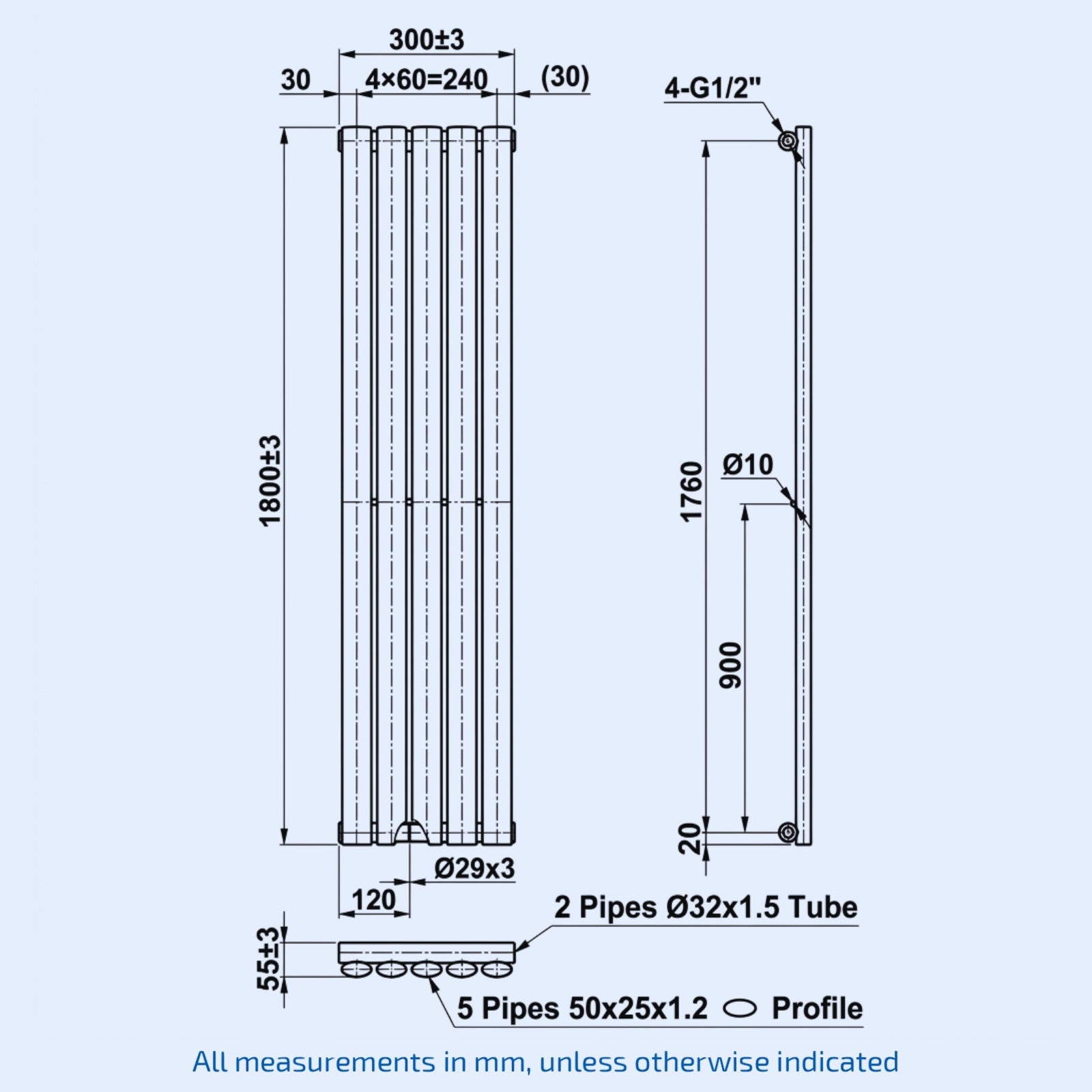 Kartell Aspen Vertical Single 1800mm H x 300mm W Textured Grey Vertical Designer Radiator - ASP18-31VSA
