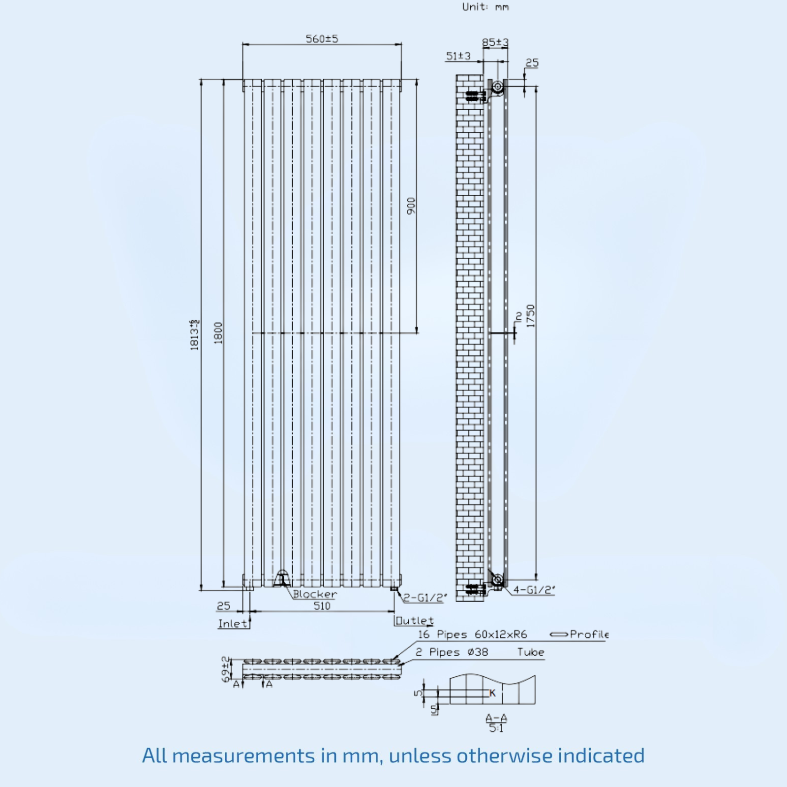 Kartell Boston Double 1800mm H x 560mm W White Vertical Designer Radiator - BOS1800-550DW