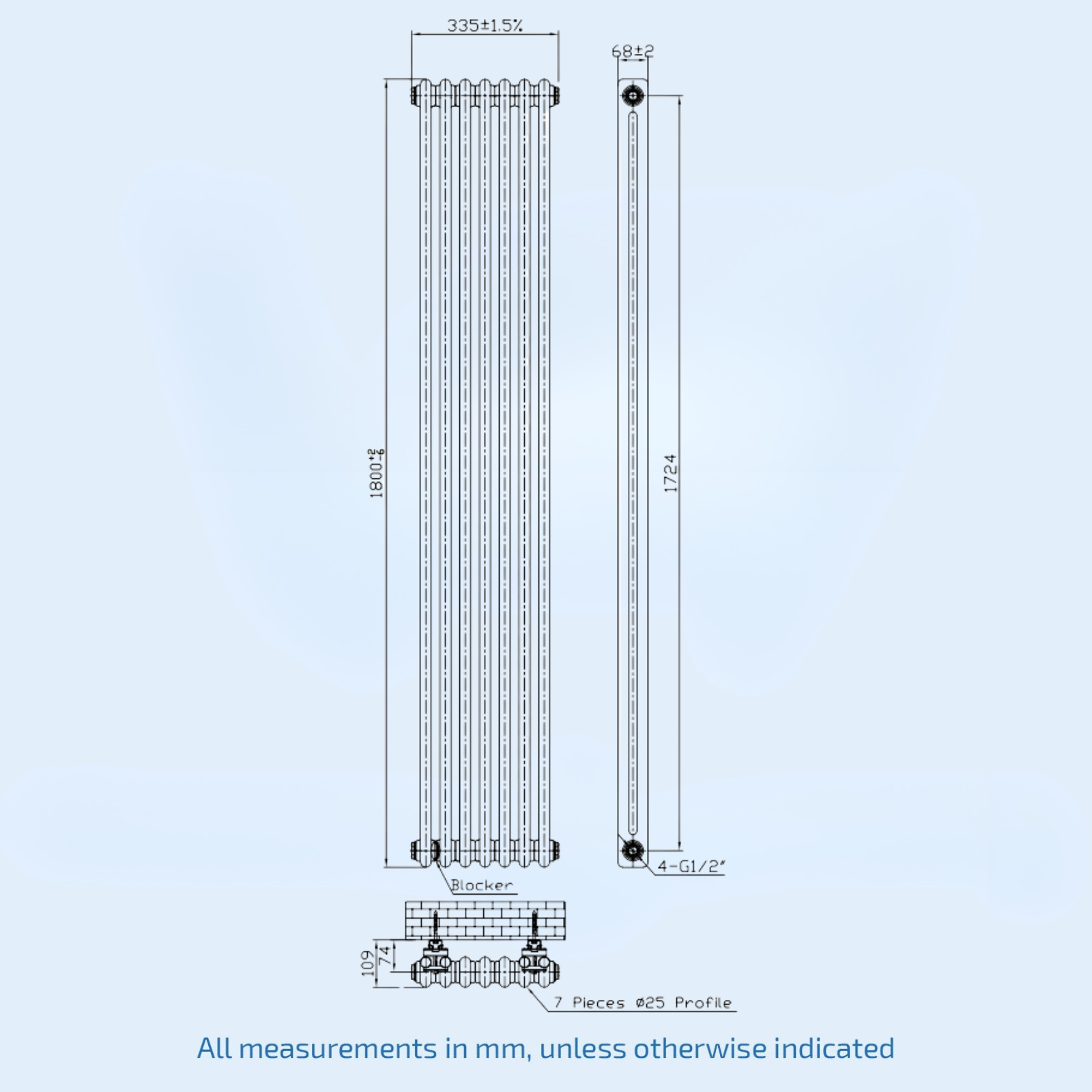 Kartell Laser Klassic 1800mm H x 335mm W White Vertical 2 Column 7 Section Designer Radiator - LCL218007-N
