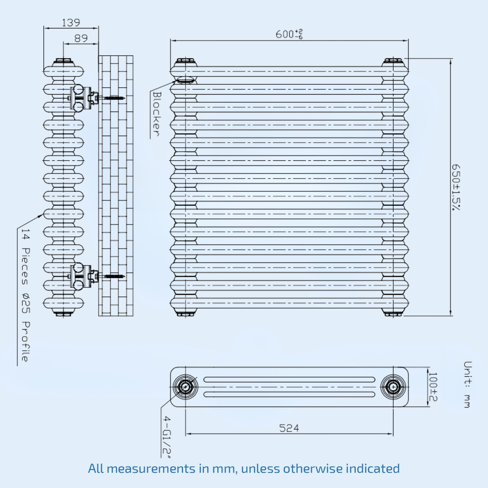 Kartell Laser Klassic 3 Column 14 Section 600mm H x 650mm W Textured Grey Horizontal Designer Radiator - ALCL306014-N
