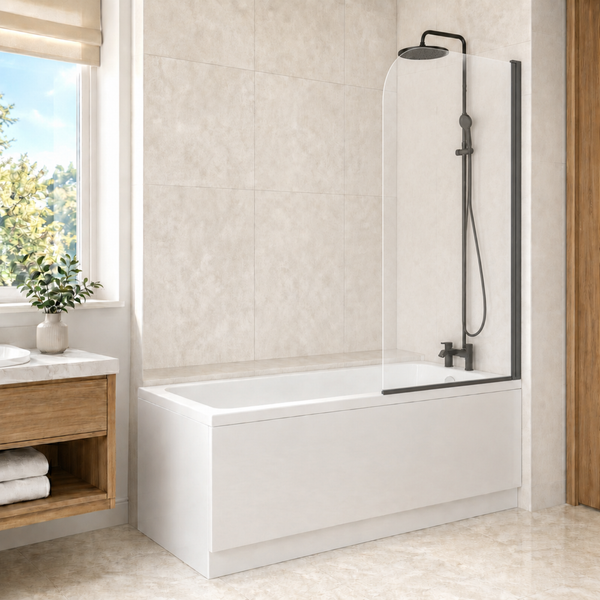 1700 x 700mm Square Bath with Legs and Curved Black Frame Bath Screen