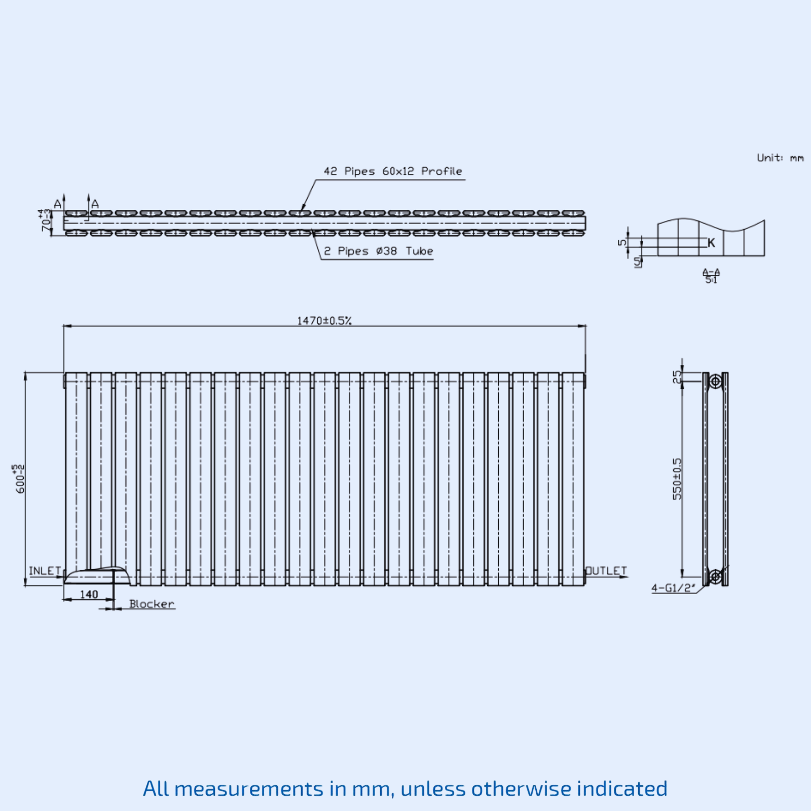 Kartell Boston Double Designer 600mm H x 1470mm W White Horizontal Radiator - BOS60-147DW