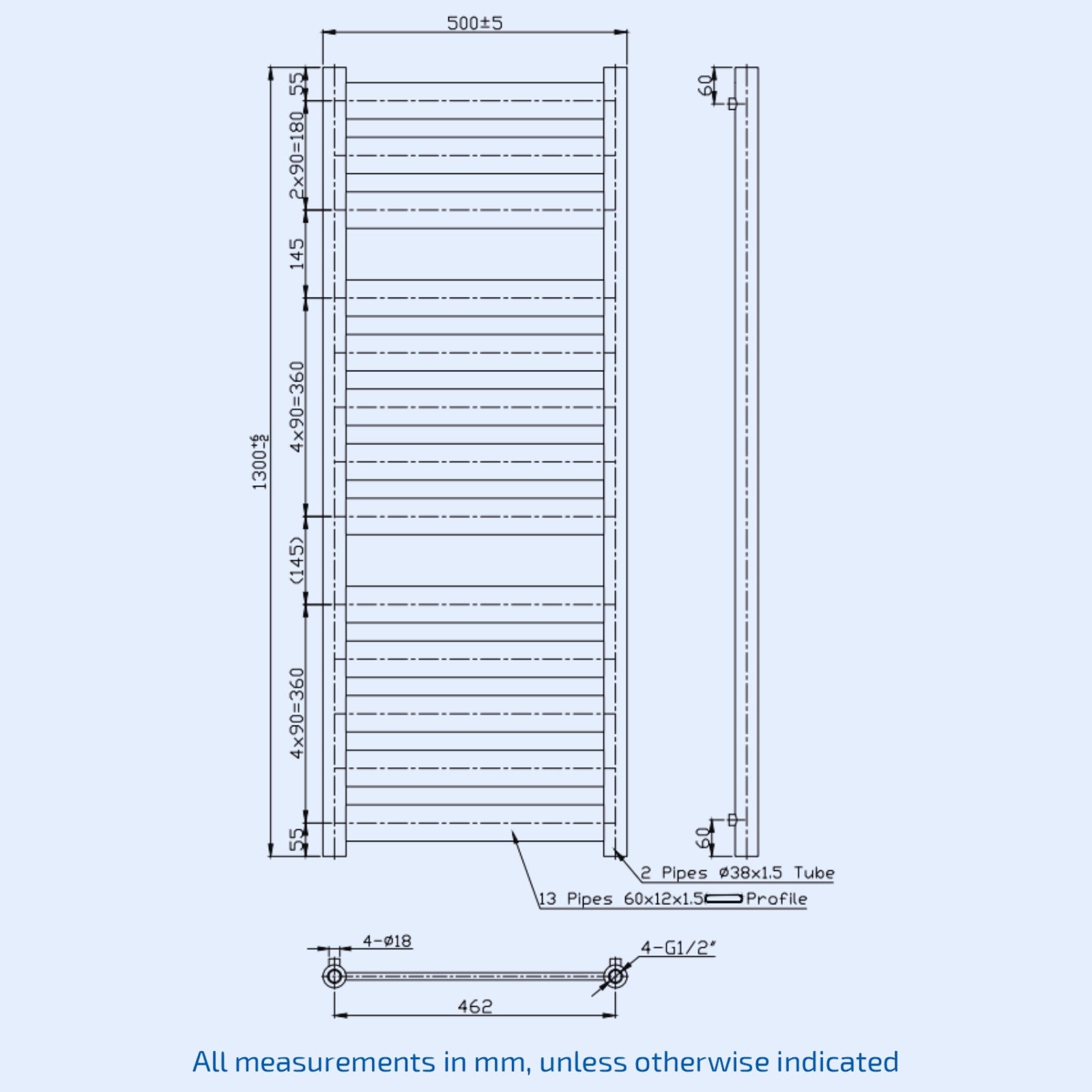 Kartell Newark Design Radiator 1300mm H x 500mm W Chrome Vertical Designer Towel Rail - EWR-1