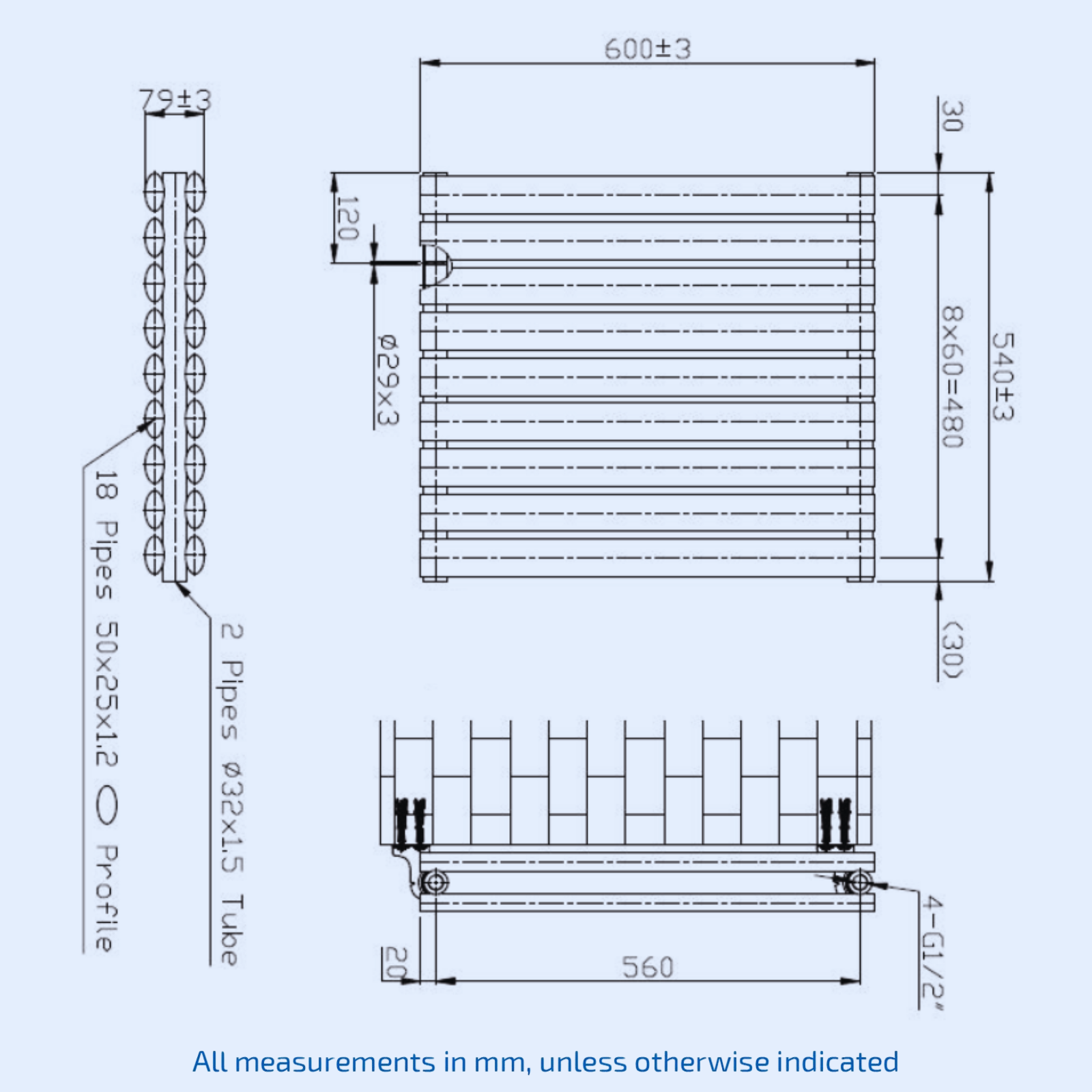 Kartell Aspen Double 600mm H x 550mm W Anthracite Horizontal Designer Radiator - ASP60-55DA