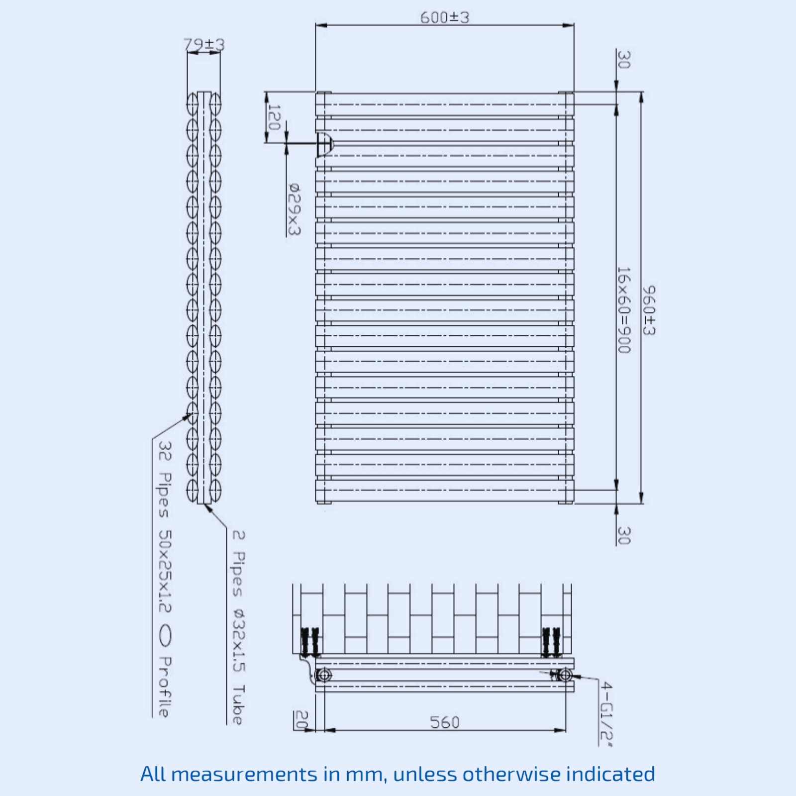 Kartell Aspen Double 600mm H x 960mm W Anthracite Horizontal Designer Radiator - ASP60-97DA