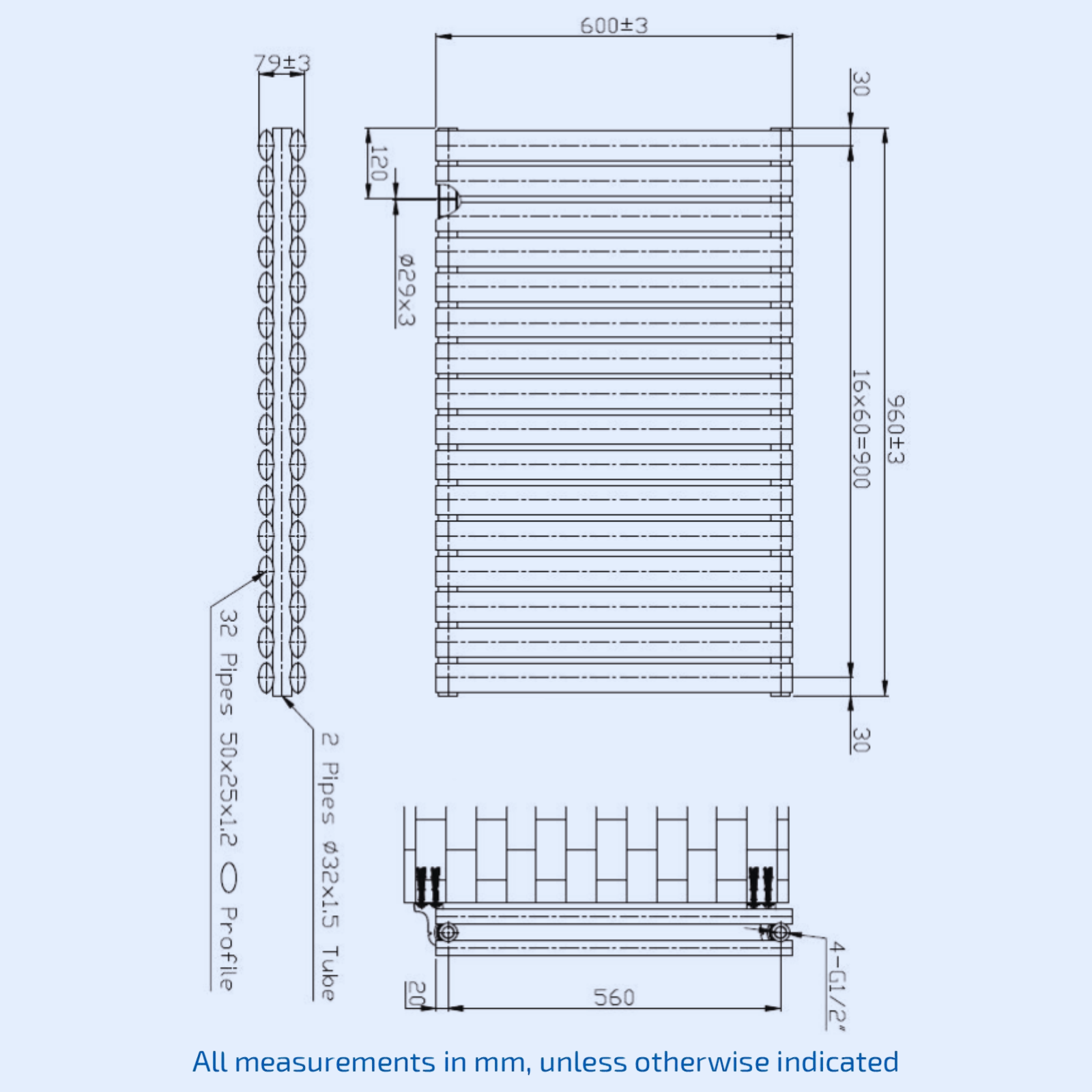 Kartell Aspen Double Designer Horizontal Radiator 600mm H x 960mm W - ASP60-97DW