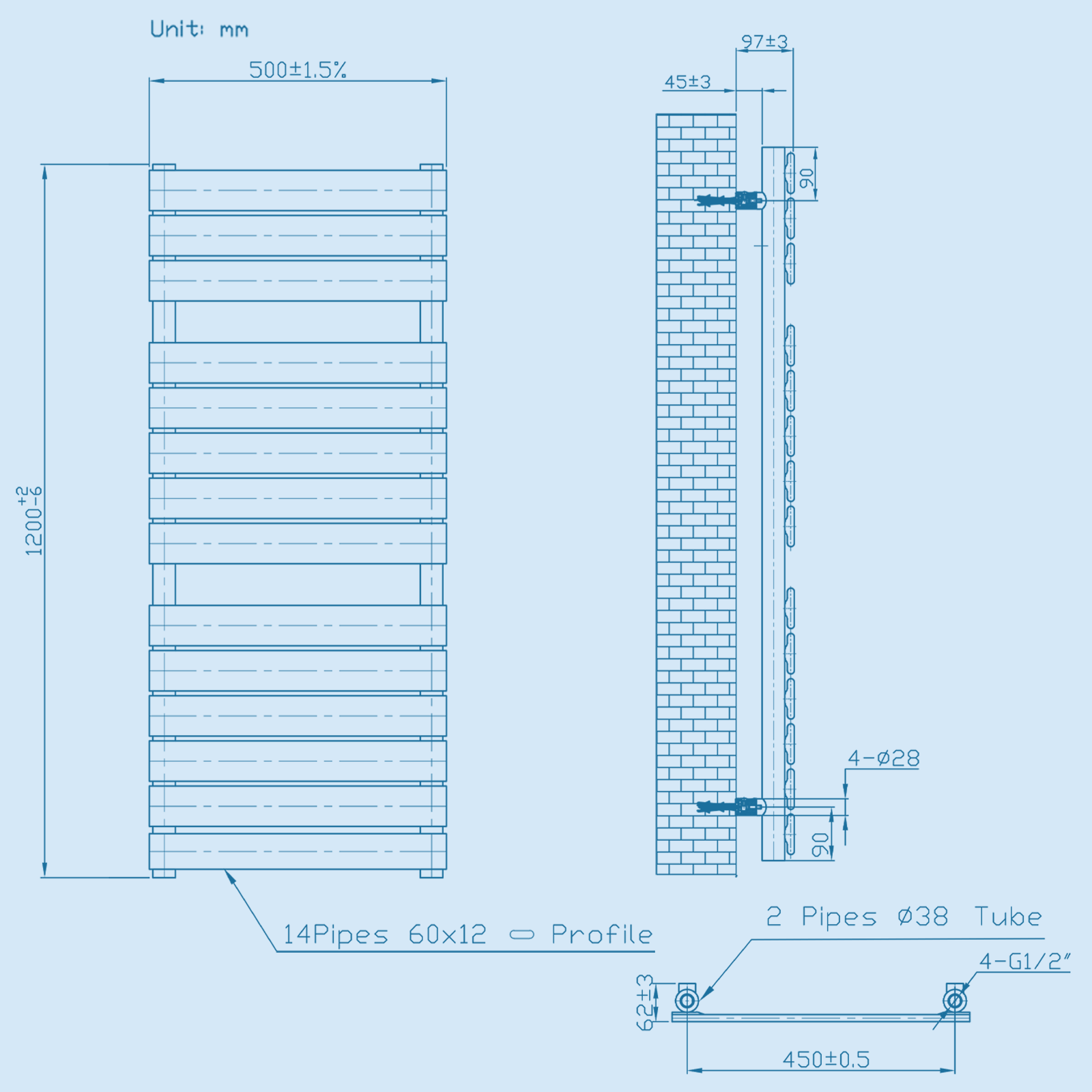 Kartell Atlantic 500mm W x 1185mm H Anthracite (Textured Grey) Vertical Designer Towel Rail - ATL500-1200A