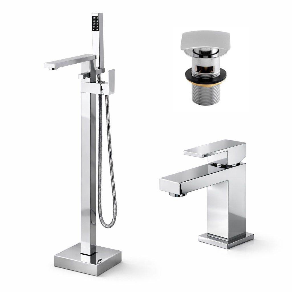 Cube Square Freestanding Bath Shower Mixer Tap, Basin Sink Mixer Tap & Push Button Slotted Basin Waste Set